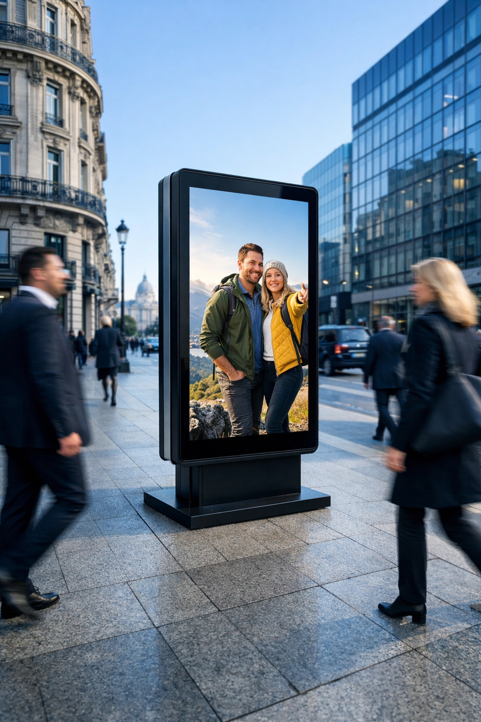 Modern digital out-of-home kiosk in a high-traffic urban venue showing hyper-targeted advertising.