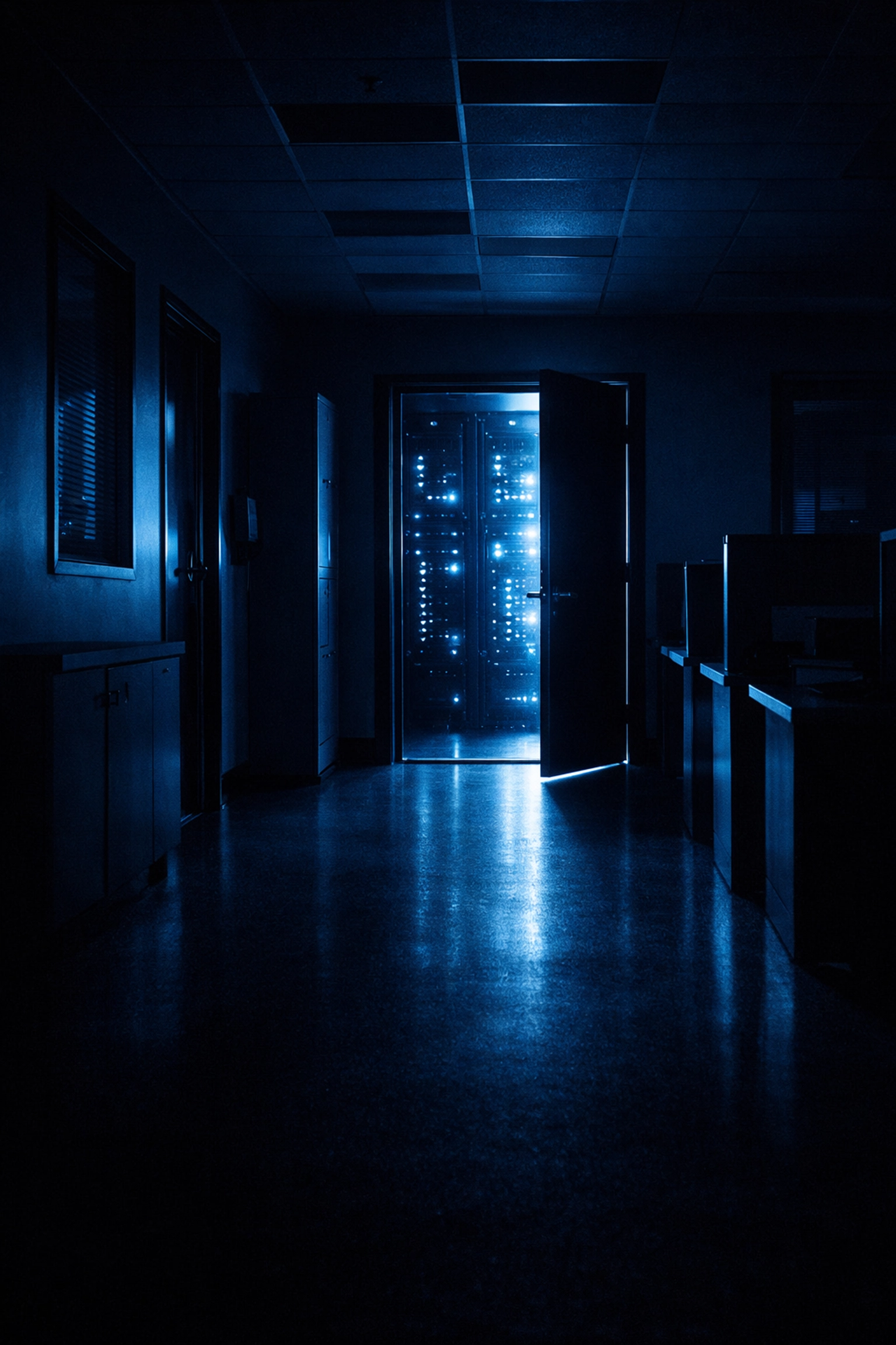 Empty office corridor leading to a server room, highlighting the risks of unmanaged IT support.