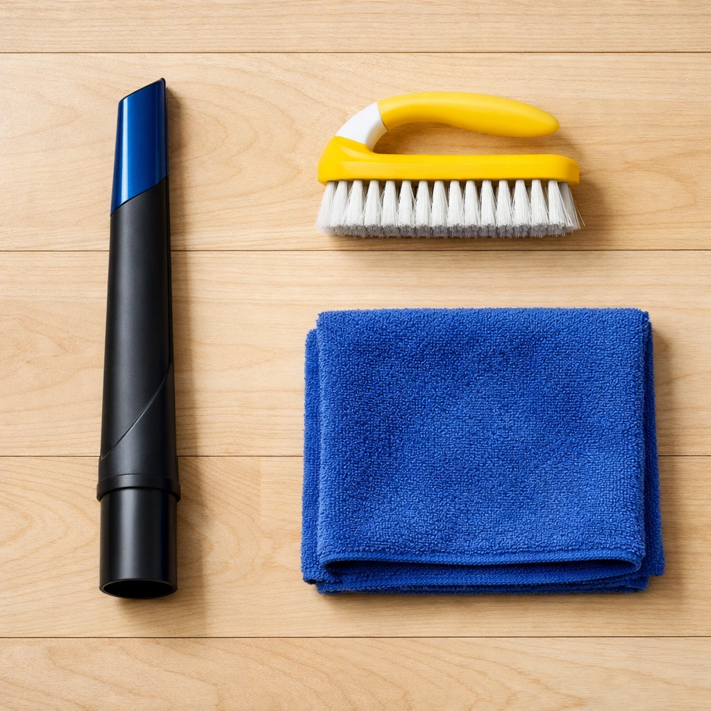 Professional cleaning toolkit with vacuum attachment and brushes for cleaning sliding door tracks.