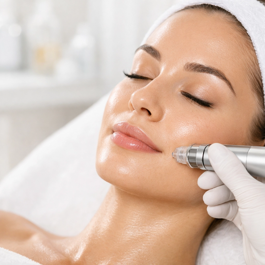 Professional microneedling treatment for collagen induction therapy at a medical spa to rejuvenate skin.