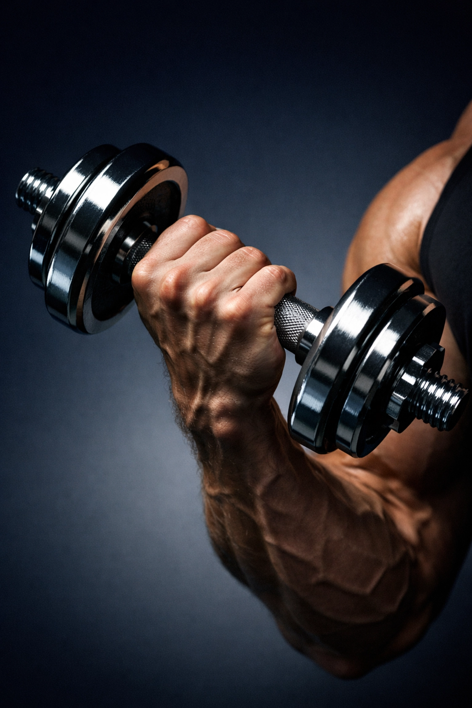 Athlete gripping dumbbell with focused intensity for proper strength training form