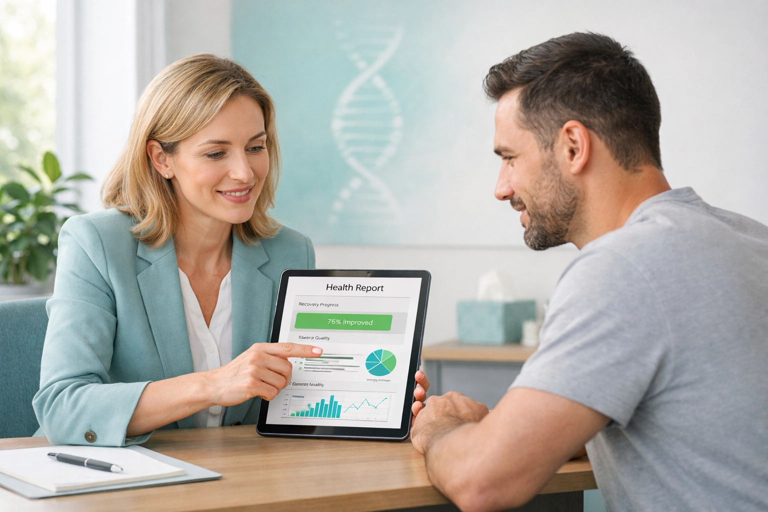 Personalized mental health counseling showing a therapist and client reviewing a personalized care plan on a tablet.