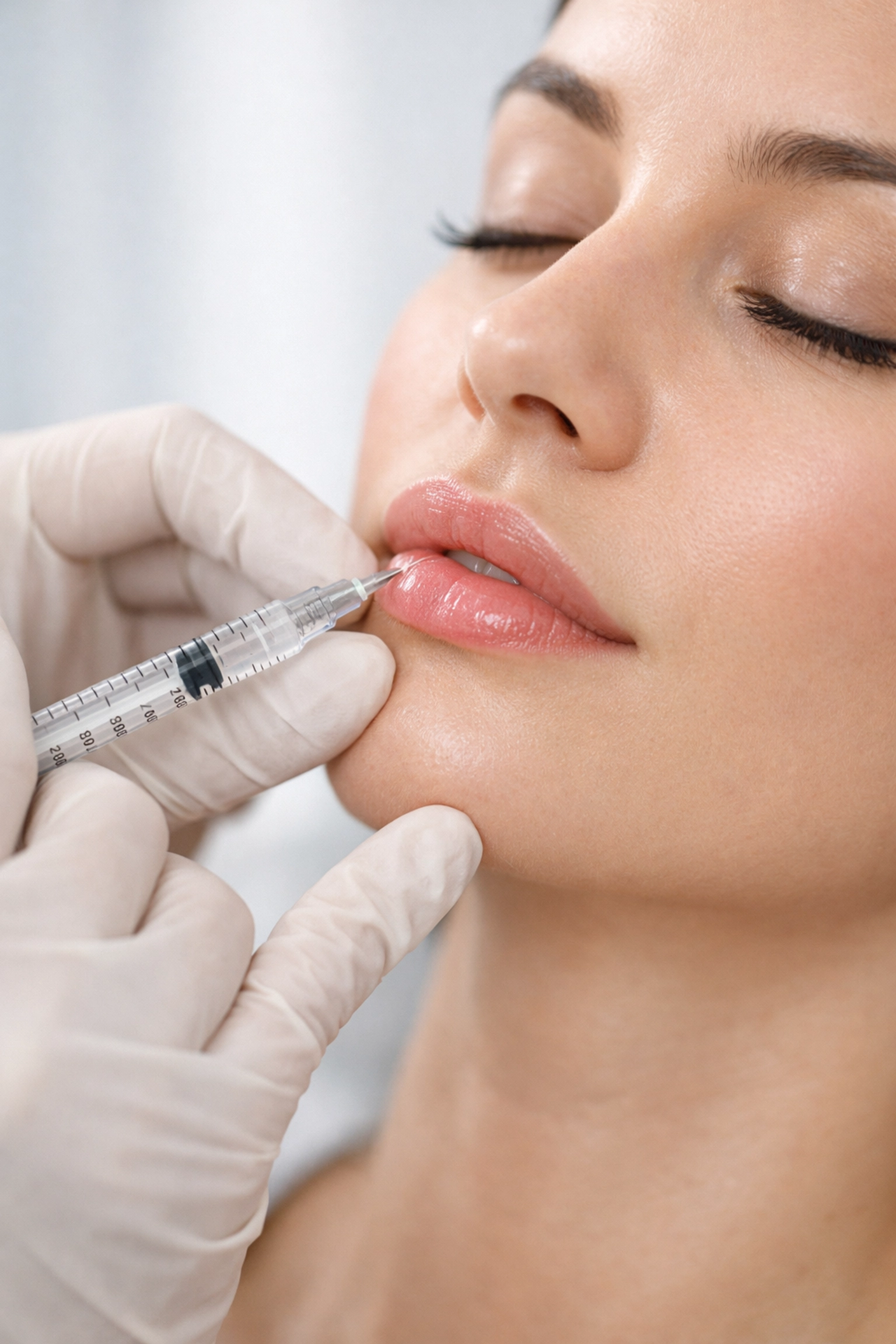 Practitioner performing precise lip filler injection at a Blackburn aesthetics clinic