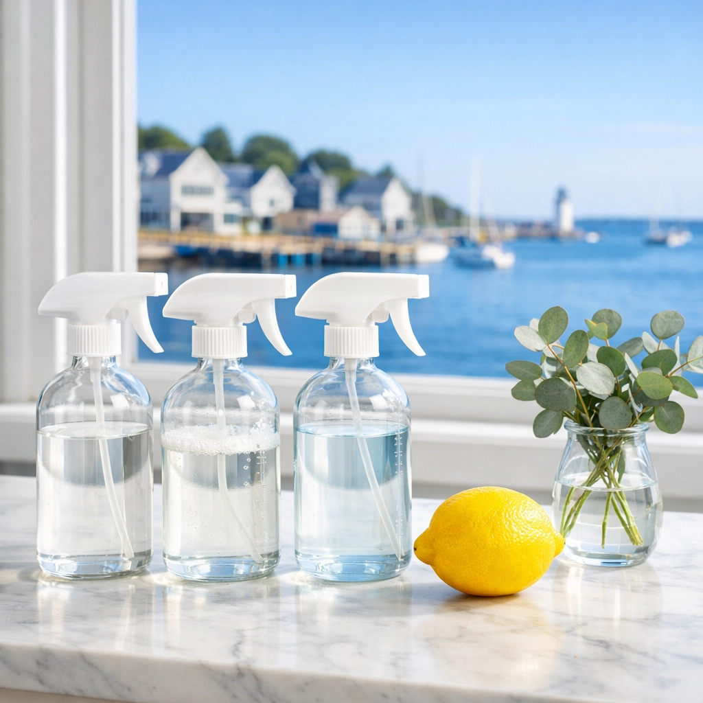 Eco-friendly cleaning supplies on a marble counter, reflecting a luxury cleaning service in Marblehead standard.
