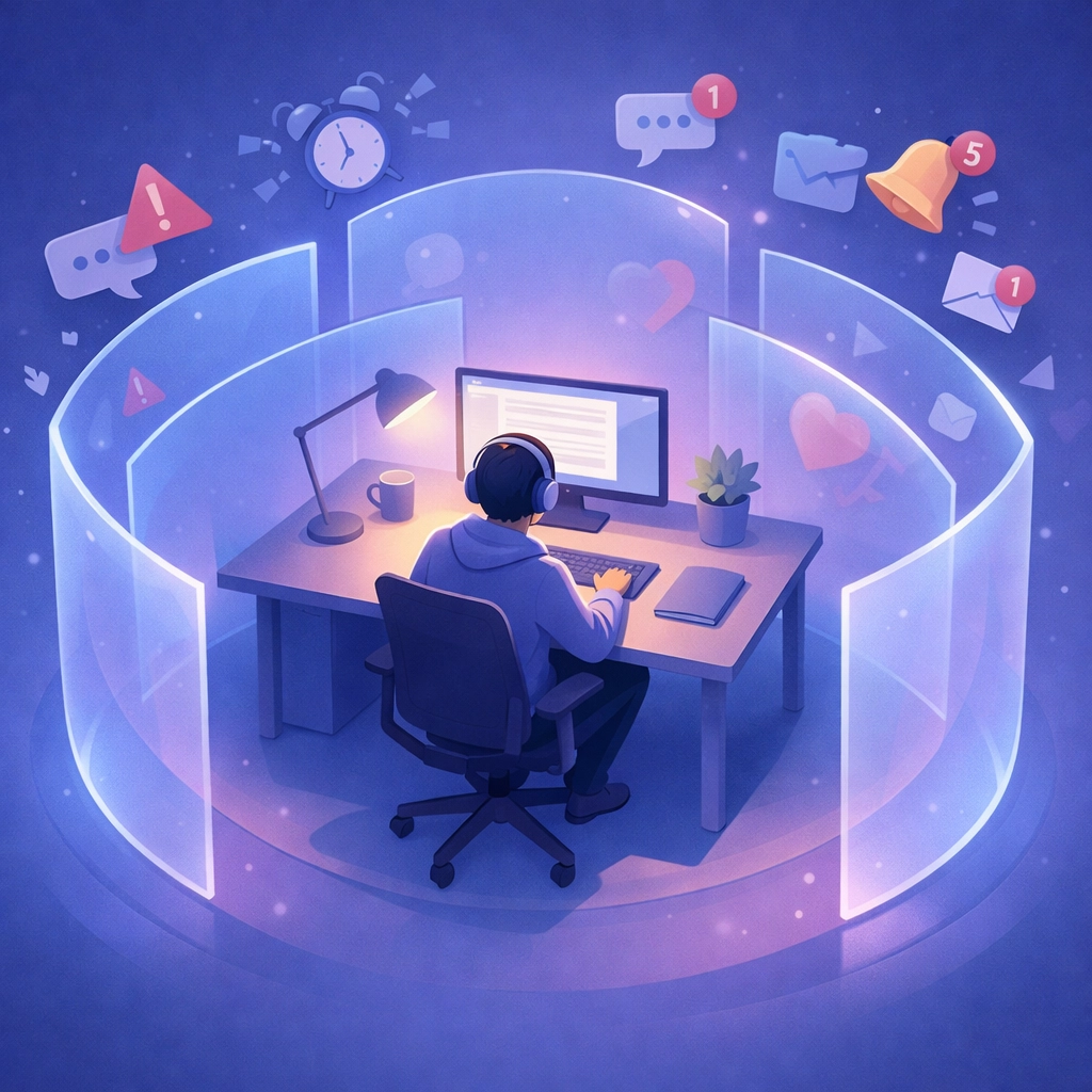 Professional working in distraction-free digital quiet zone with protected focus time