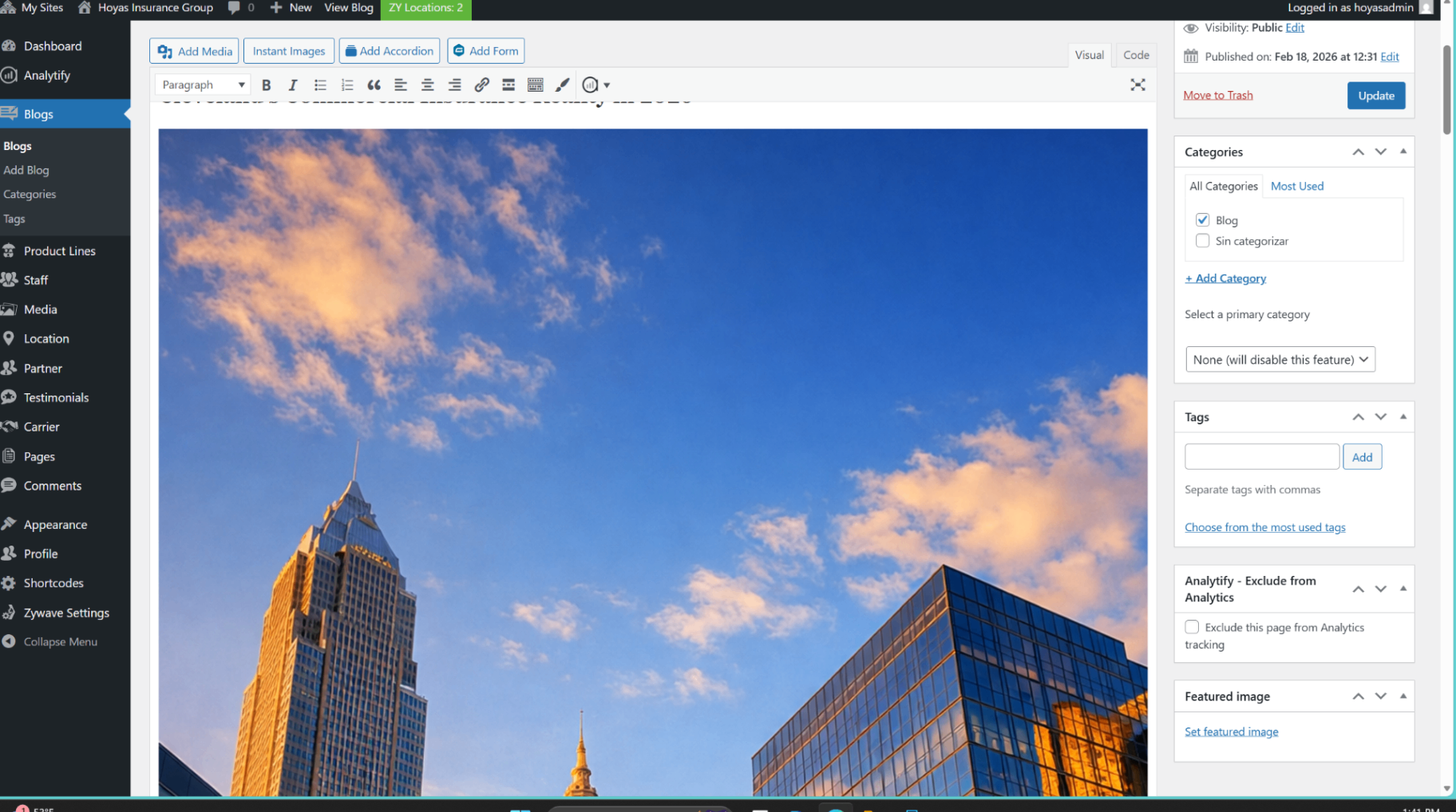 A Screenshot of the Hoyas Insurance Group WordPress blog editor showing the digital tools we use to find you the best rates