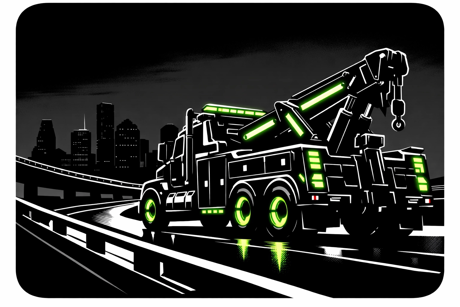Professional recovery services Houston vehicle on a highway with the city skyline in the background.