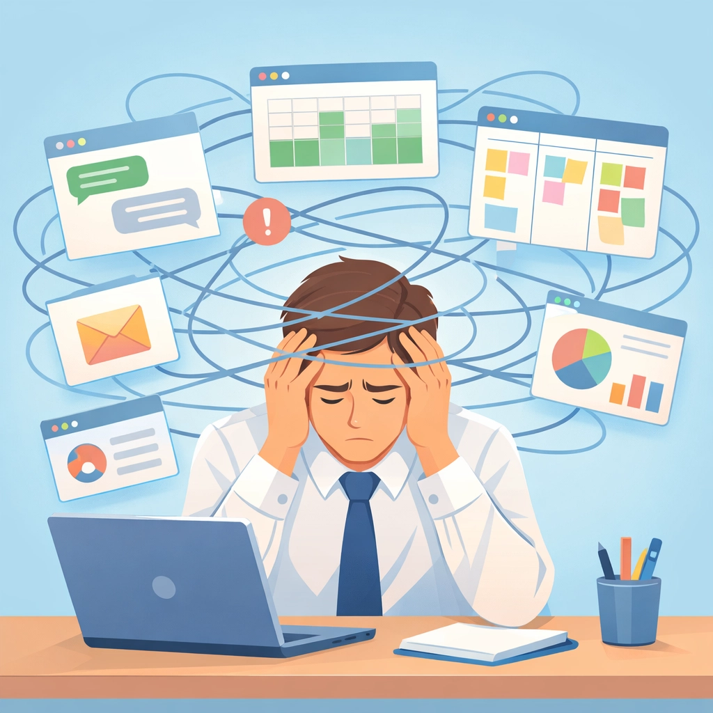 Business professional overwhelmed by multiple software platforms and app switching