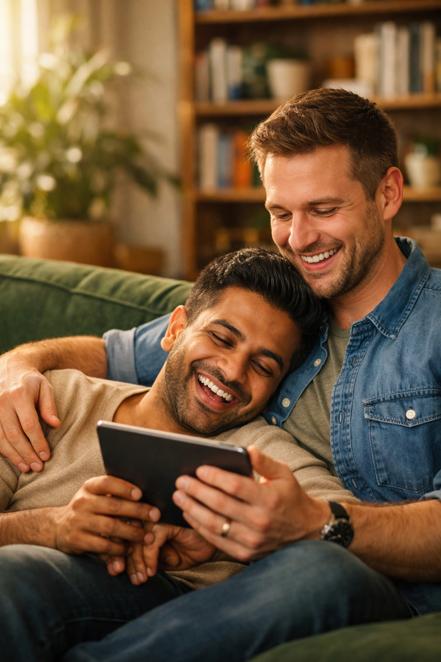 A happy gay couple relaxes on a sofa, representing the joyous happy ending trope in MM romance books.