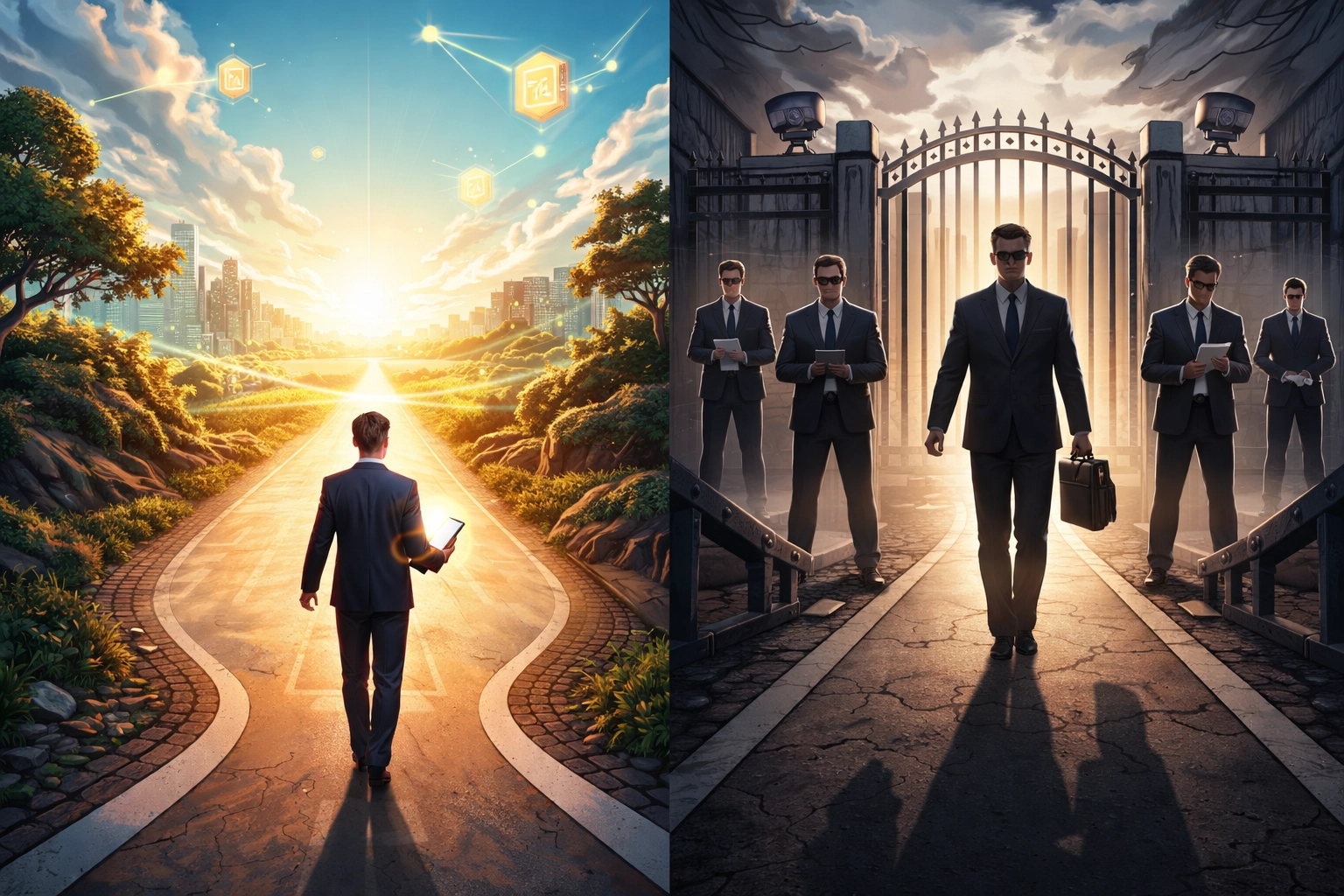 Merchant at a crossroads between financial freedom and intermediaries, symbolizing self-custody in decentralized crypto payments.