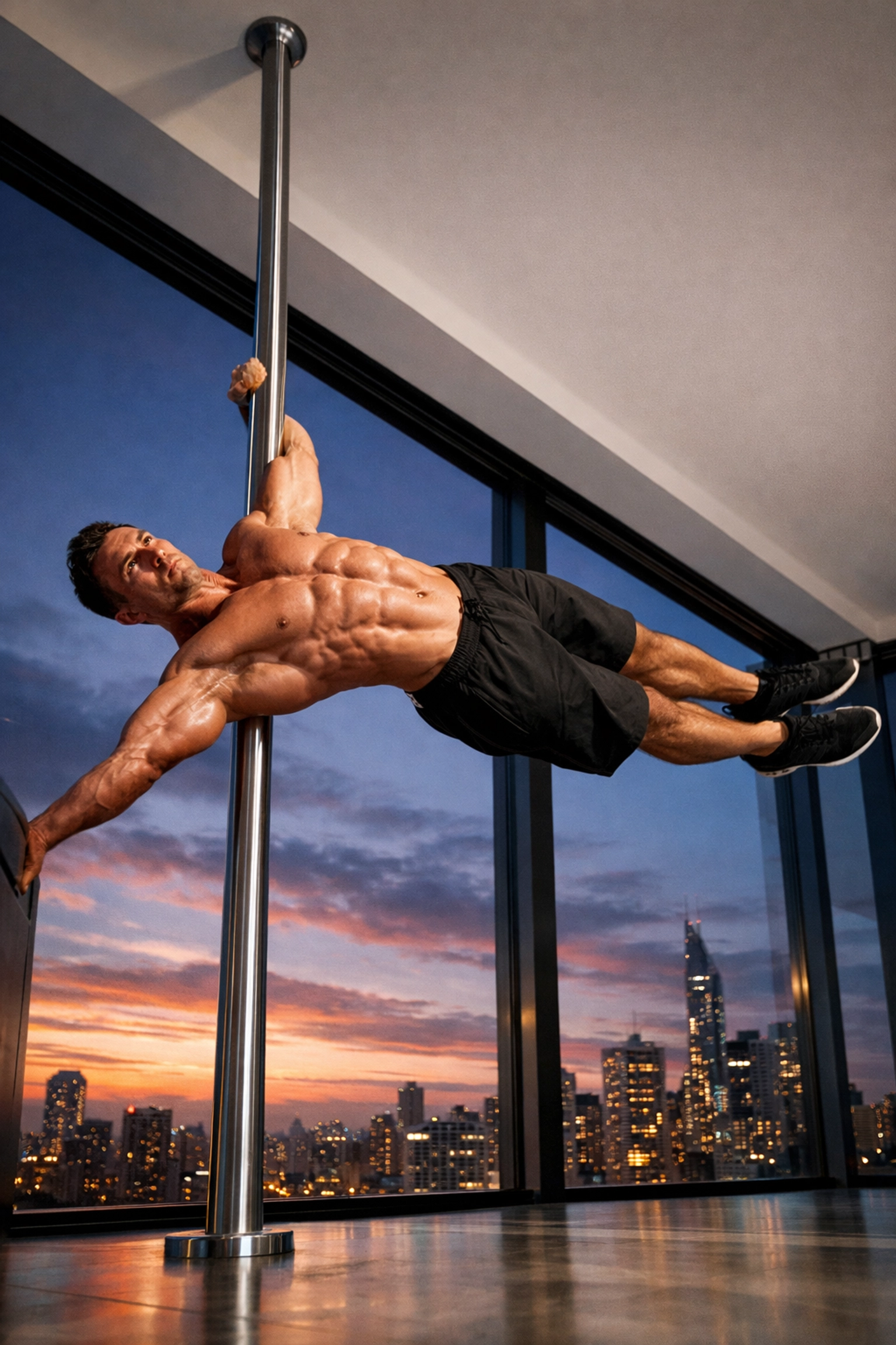 Athlete performing a human flag using stable calisthenics equipment for home resistance training.
