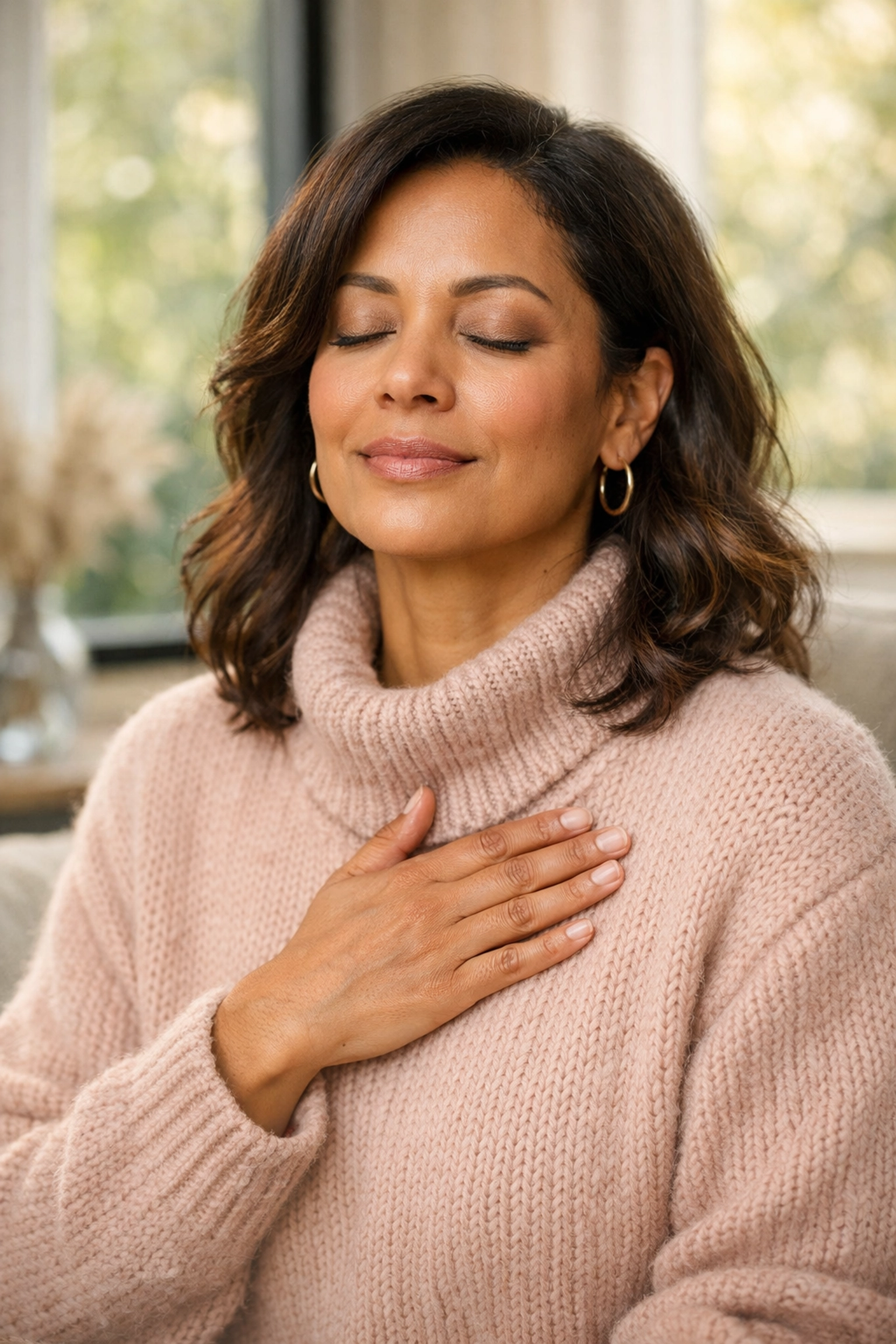 A woman practicing deep breathing and nervous system regulation to achieve a state of inner calm and leadership.