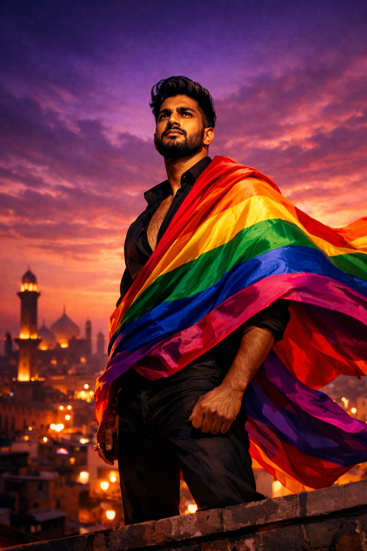 A gay South Asian man stands with a rainbow pride flag on a rooftop overlooking Lahore at sunset.