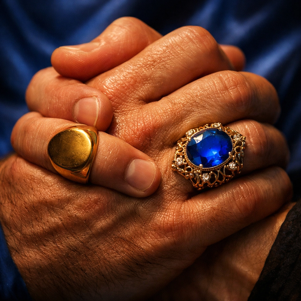 Close-up of two men holding hands with gold royal rings, representing commitment in MM romance books.