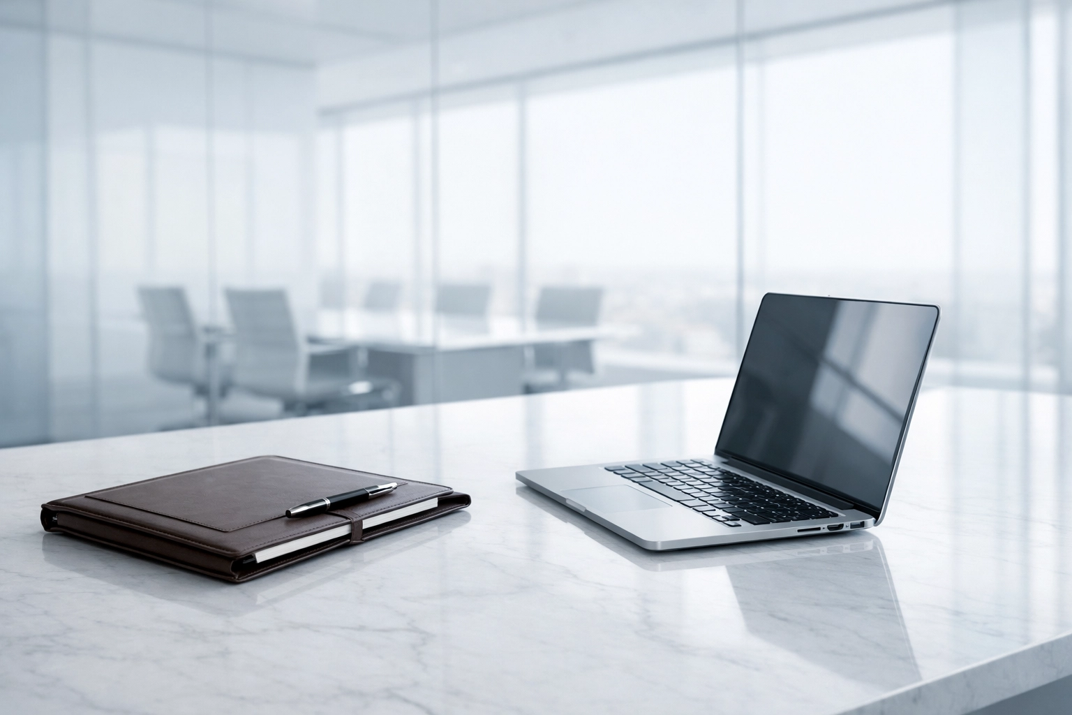 Clean financial records and laptop in a conference room ready for a business sale due diligence process.