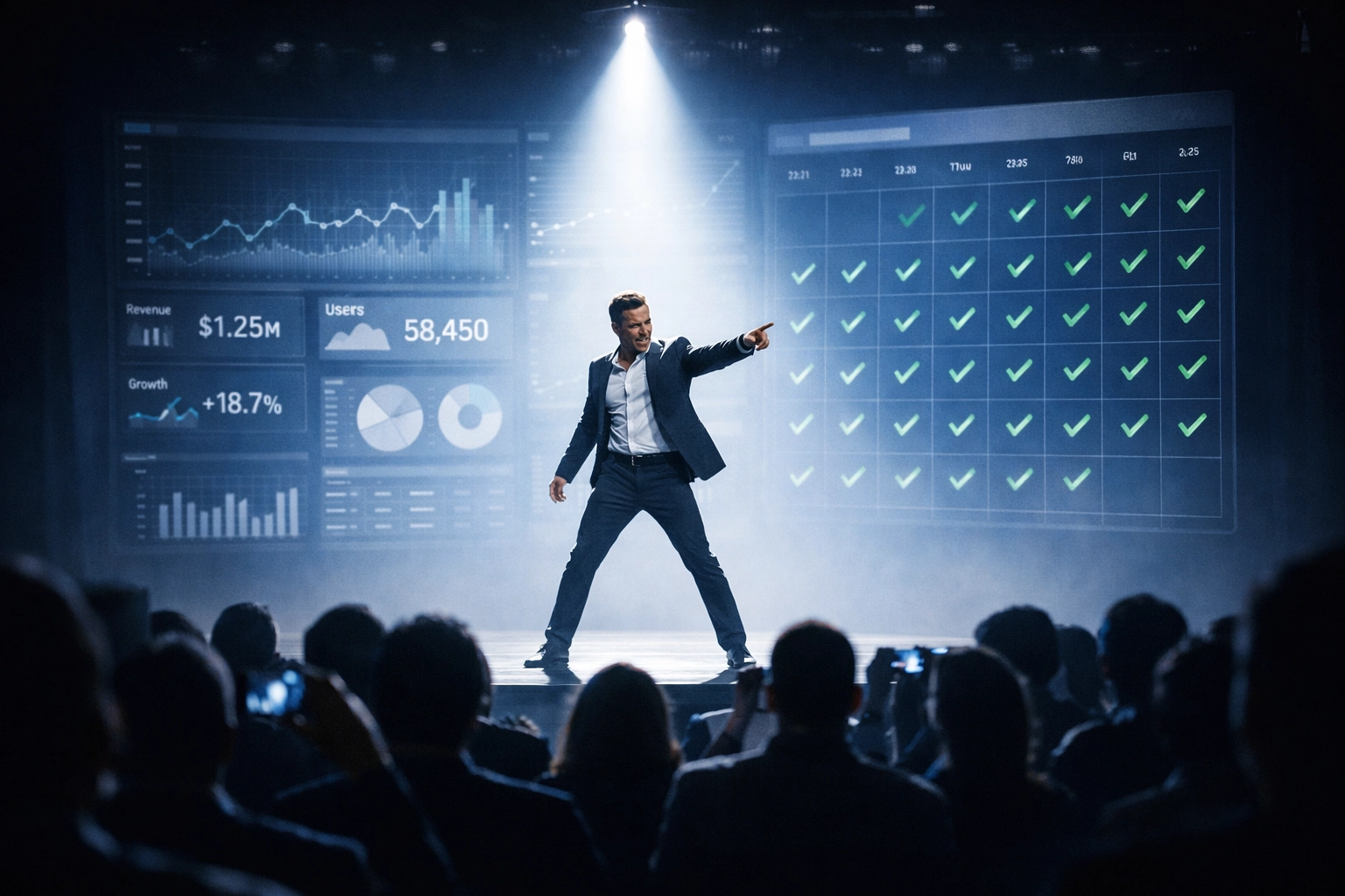 A professional speaker on stage with an automated AI dashboard managing event bookings and calendar schedules.