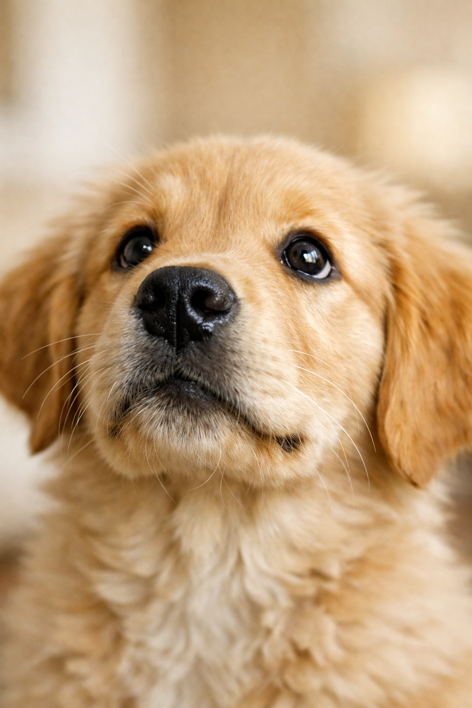 Close-up of a curious Golden Retriever puppy from NextGen Goldens, bred for health and intelligence.