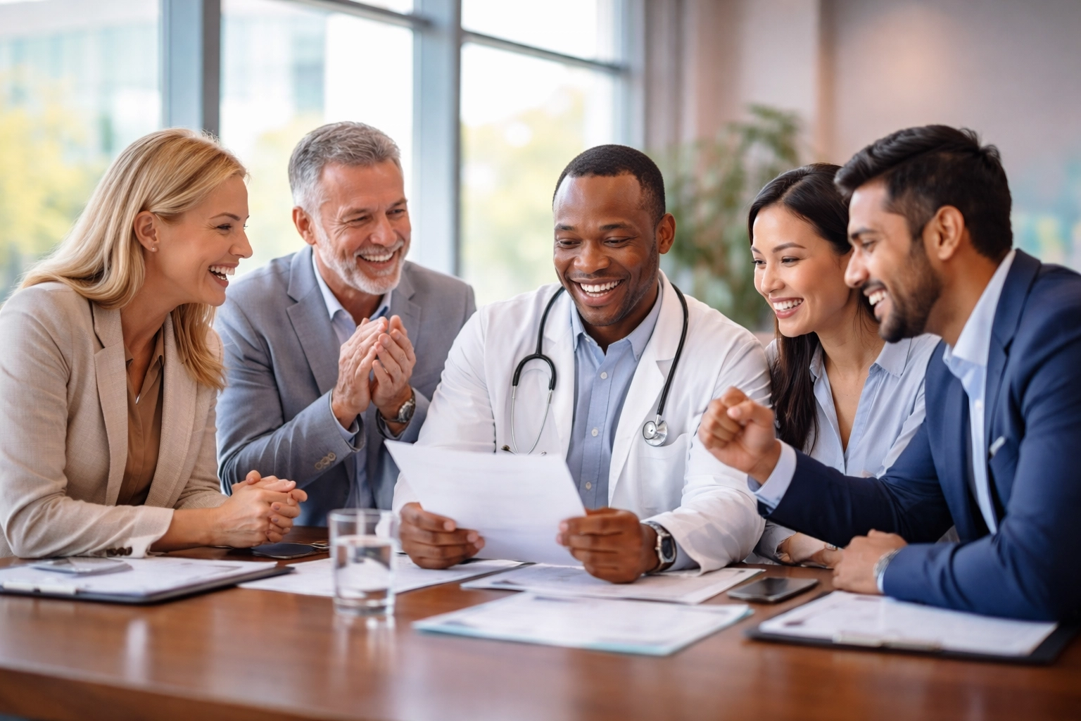 Diverse healthcare consulting team collaborating on successful compliance strategies and client outcomes