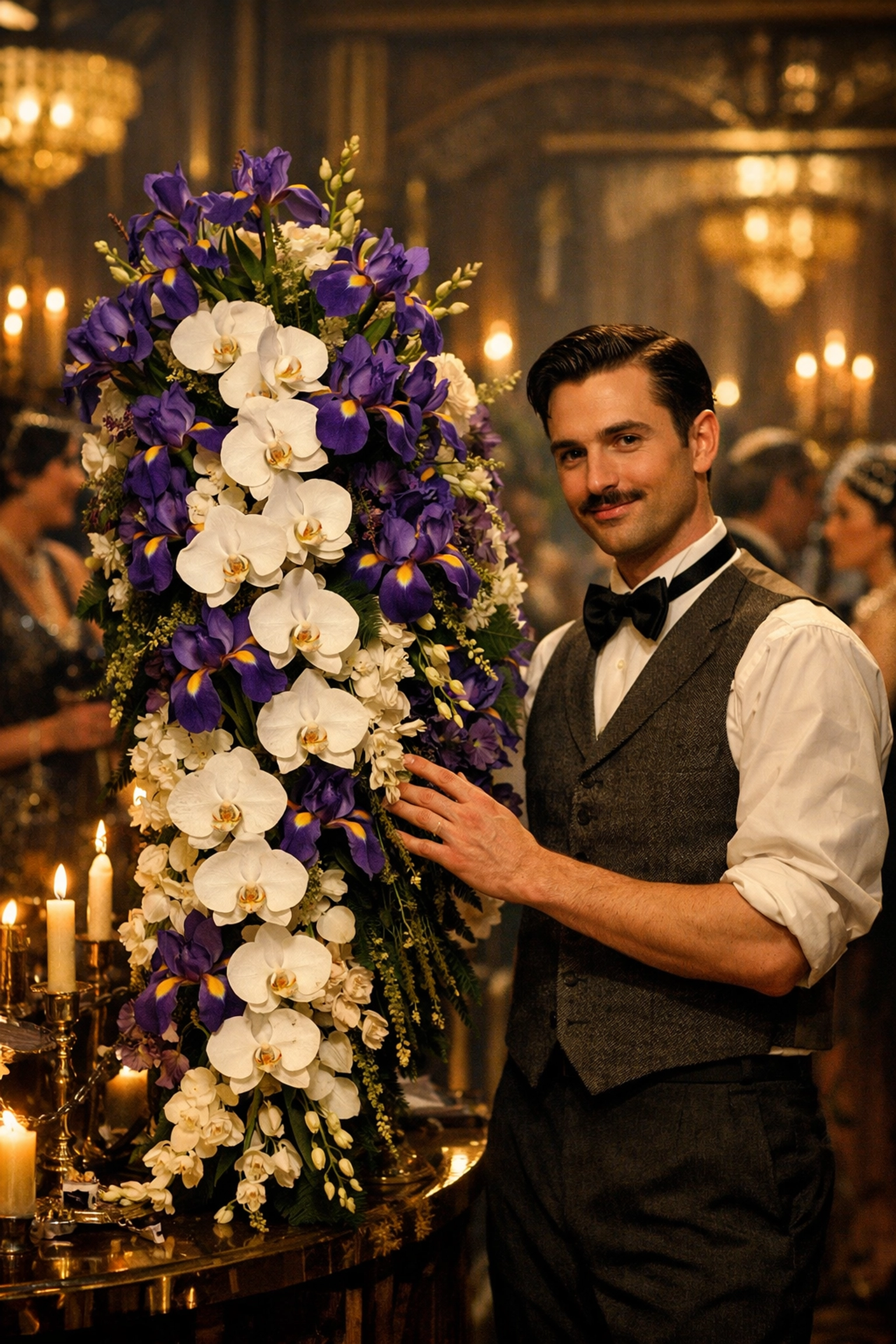 Gay florist with orchid arrangement serving wealthy clients in 1920s ballroom