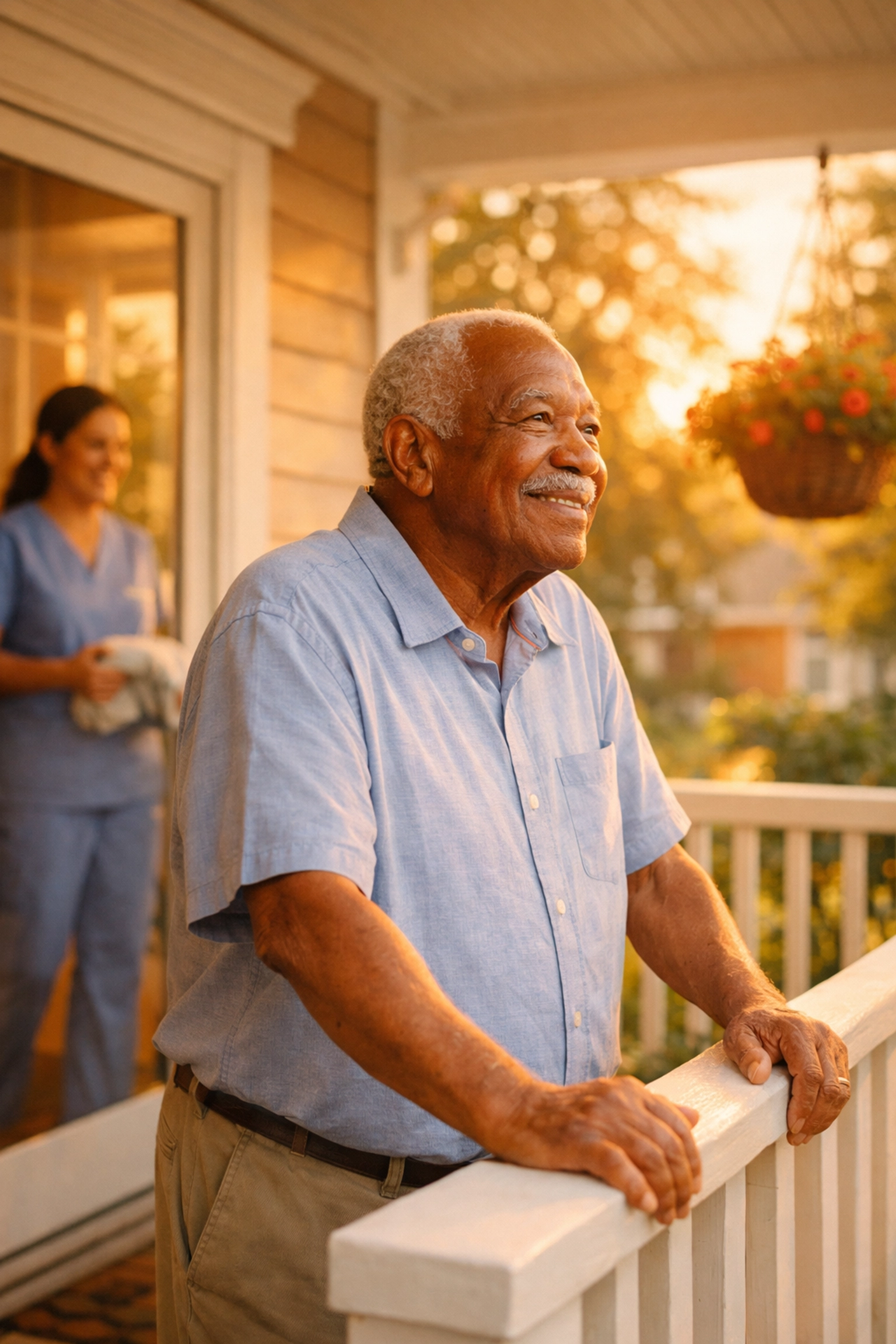 A happy senior man enjoying a peaceful sunset on his porch with professional home care support in Houston.