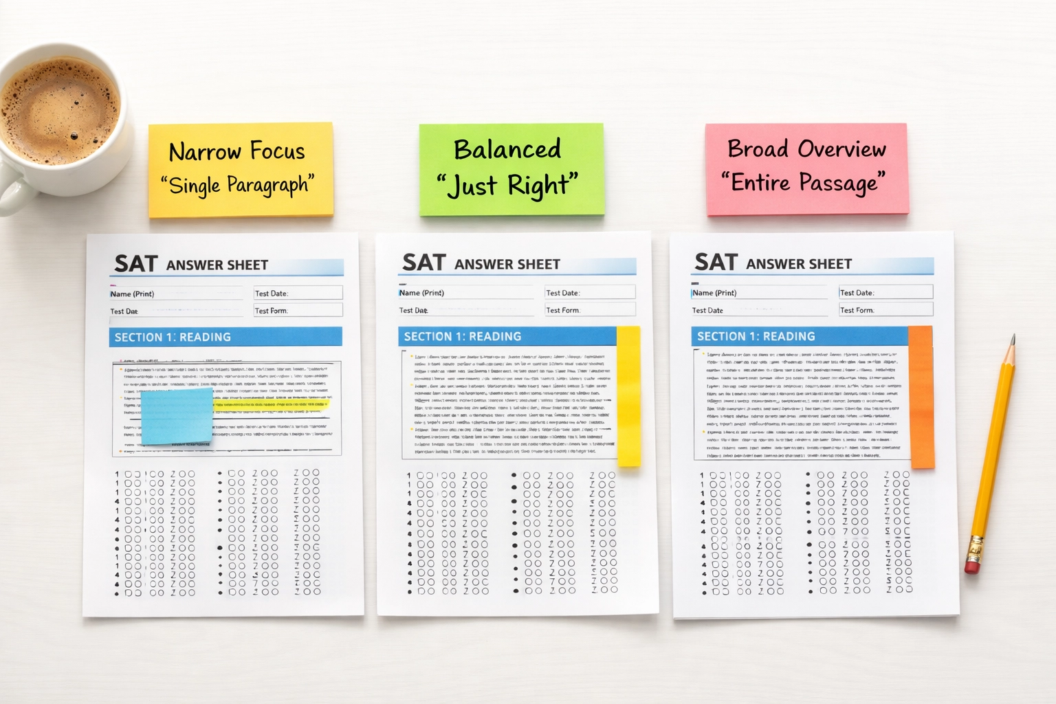 SAT answer choices marked too narrow, too broad, and just right on practice test