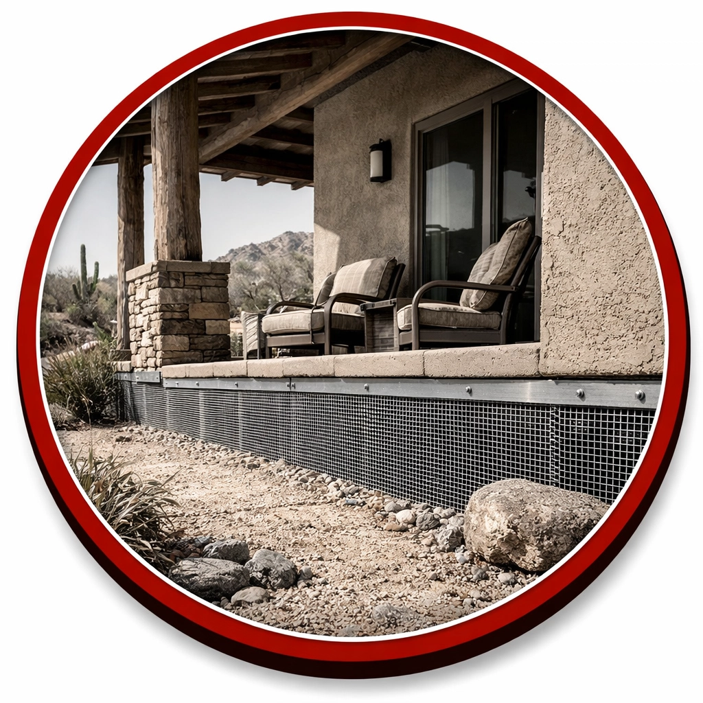 Professional snake-proof mesh fencing installed on an Arizona desert home porch for safety.