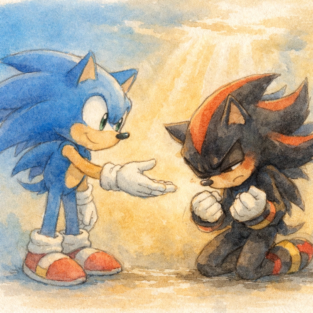 Sonic extending friendship to Shadow illustrating Christian redemption and forgiveness themes