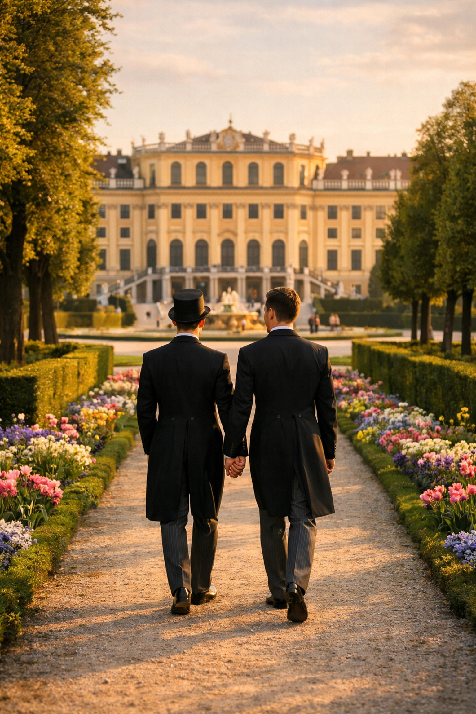 LGBTQ+ honeymoon couple strolling through Schönbrunn Palace gardens Vienna