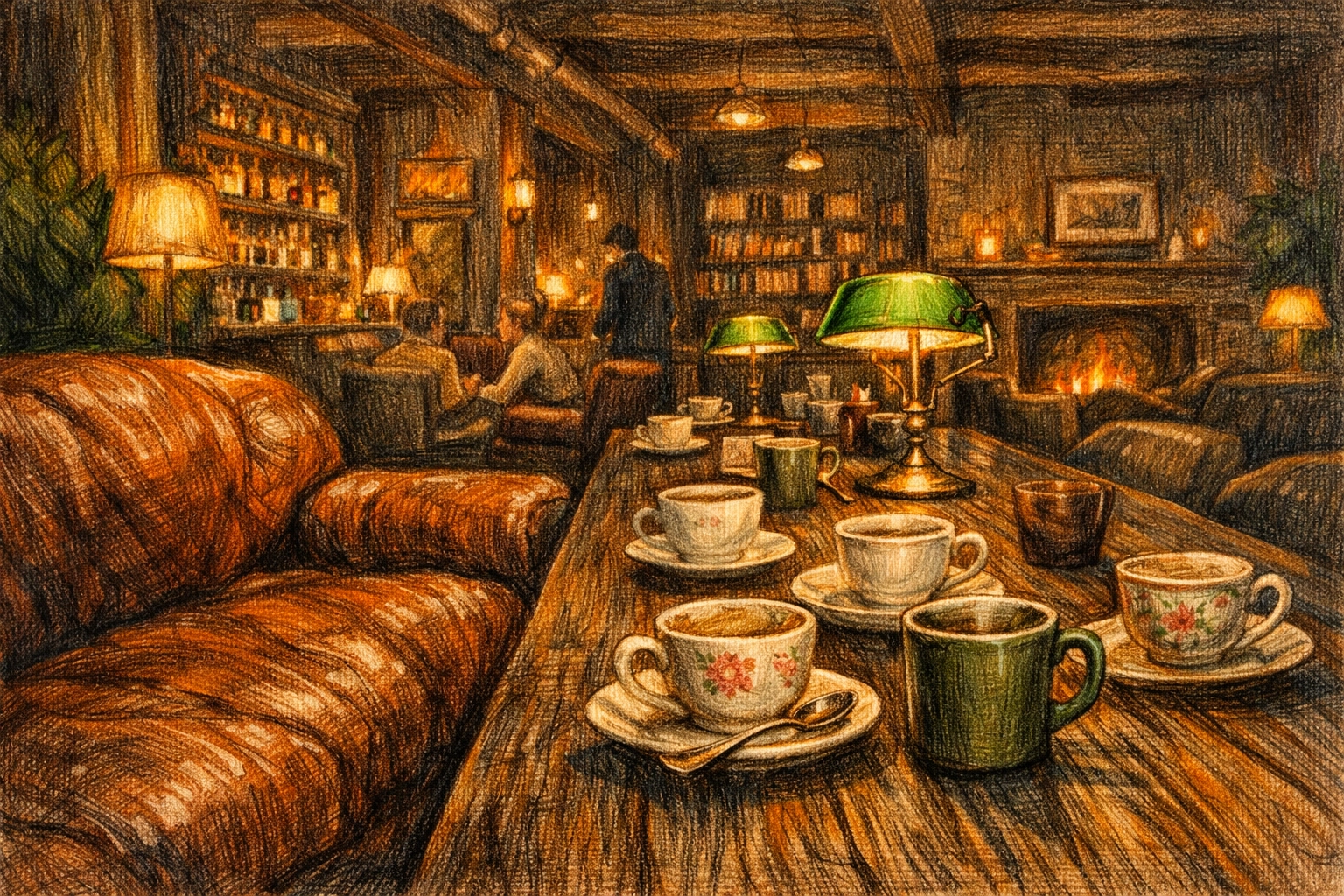 Social boutique hotel lobby design with a vintage leather sofa and wooden communal work table.