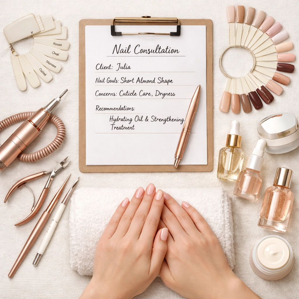 Russian manicure consultation setup with professional tools and nail care products