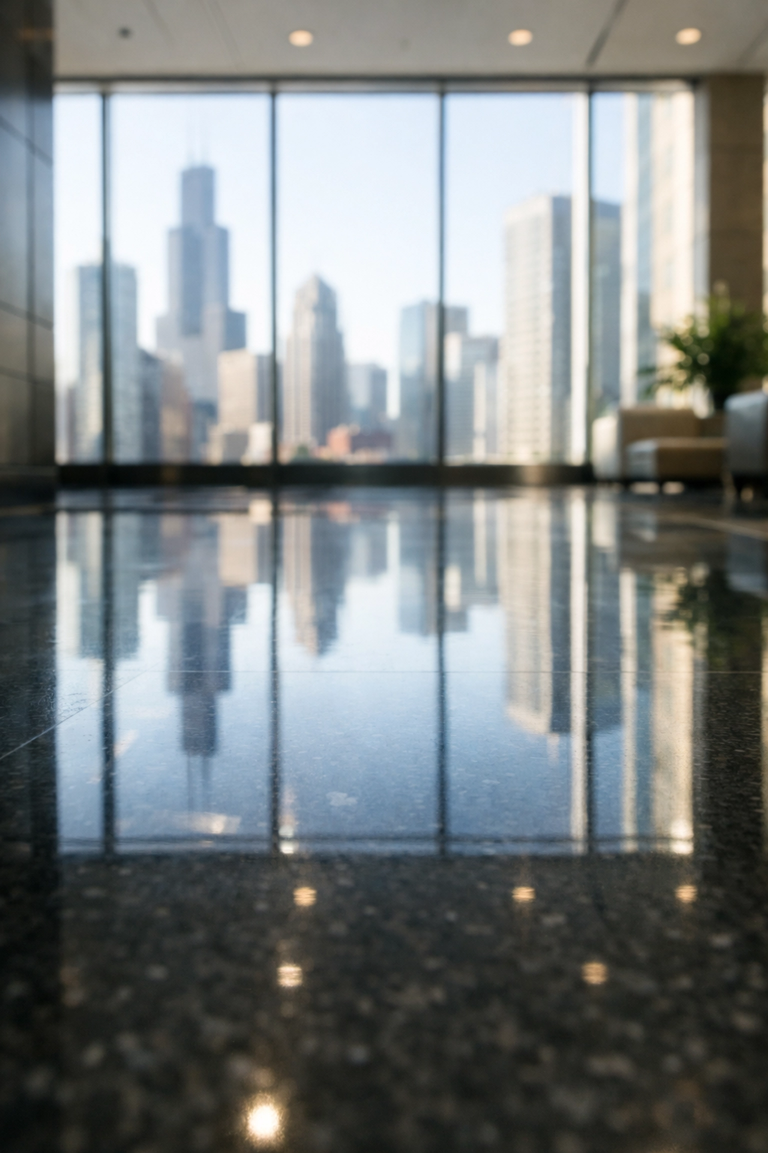 Polished lobby floor in a Chicago high-rise showing high-end commercial deep cleaning results.