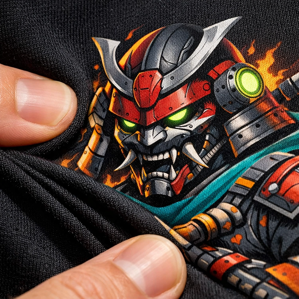 A durable and flexible DTF transfer applied to a black t-shirt, demonstrating high-quality stretchability.