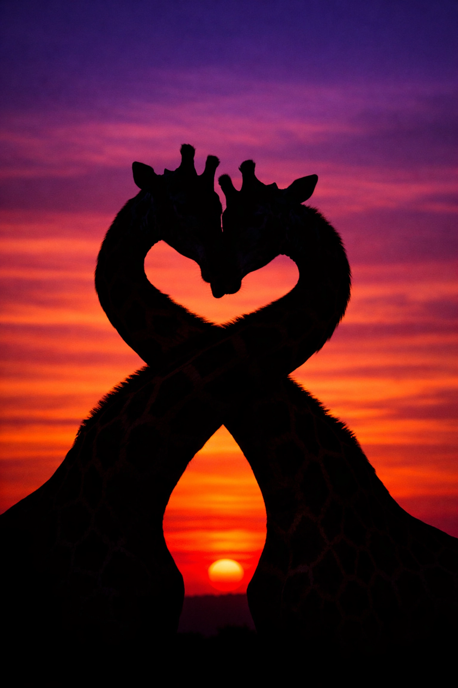 Male giraffes engaged in a social bonding ritual at sunset, illustrating queer behavior in the animal kingdom.