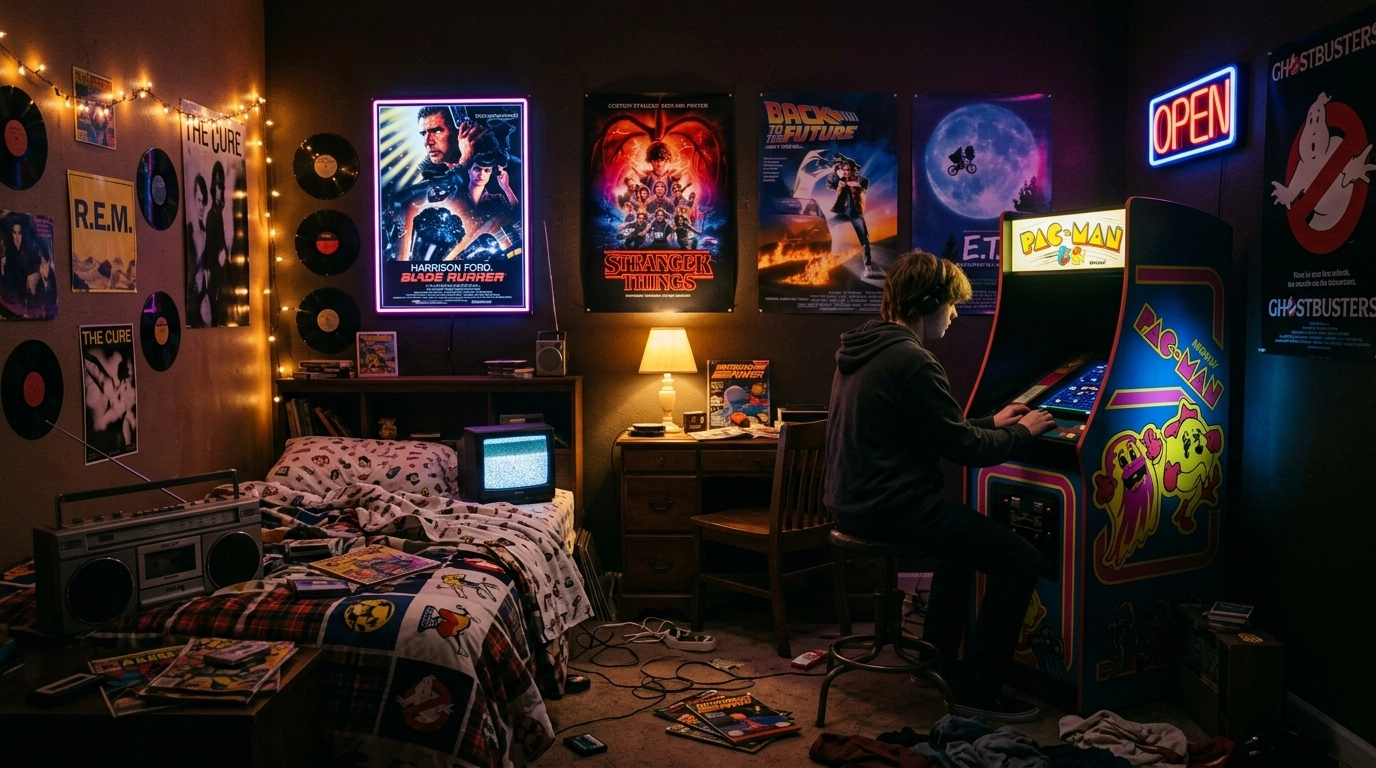 Neon-lit 80s bedroom with retro vibes