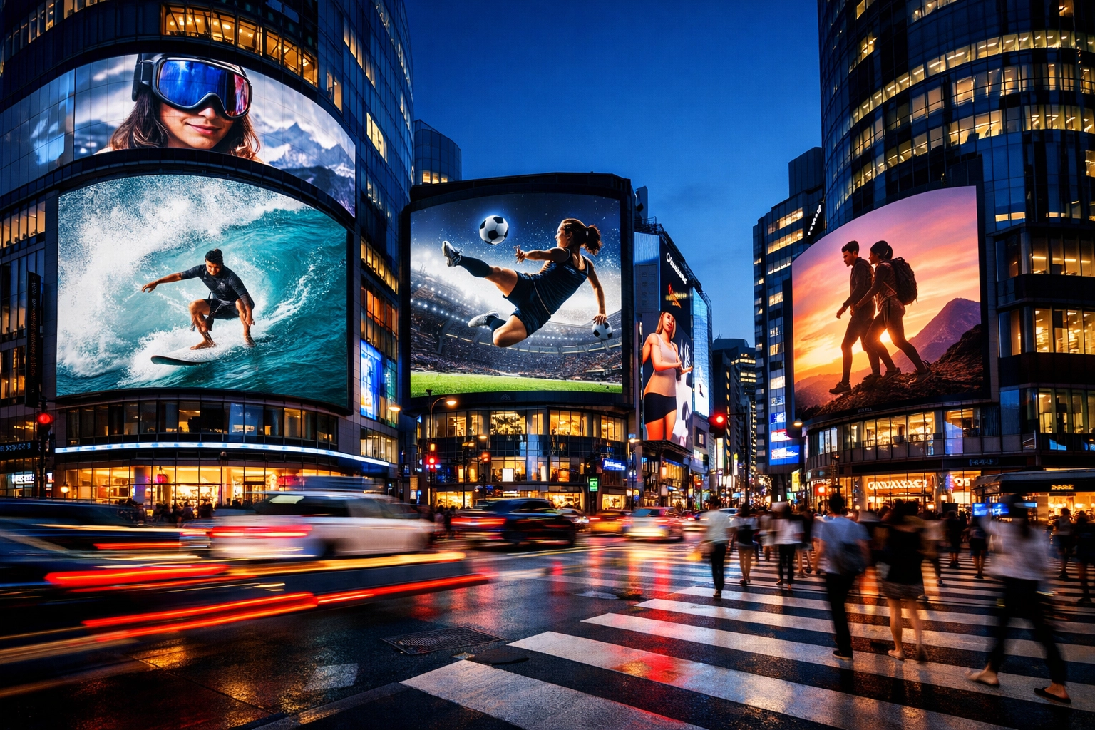 High-impact digital media solutions shown on large advertising displays in a global urban center.