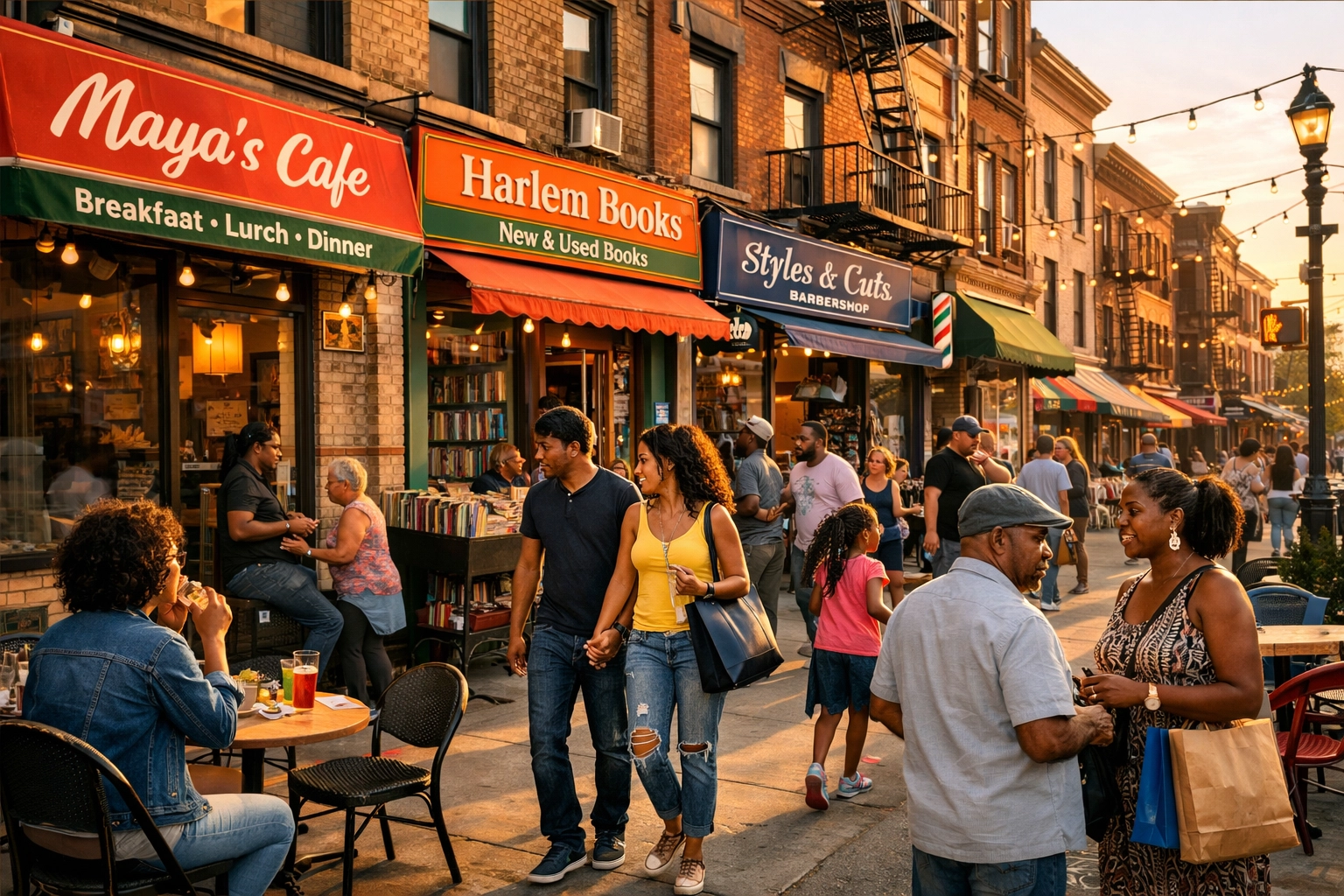 Thriving Black neighborhood with local businesses and diverse community shoppers