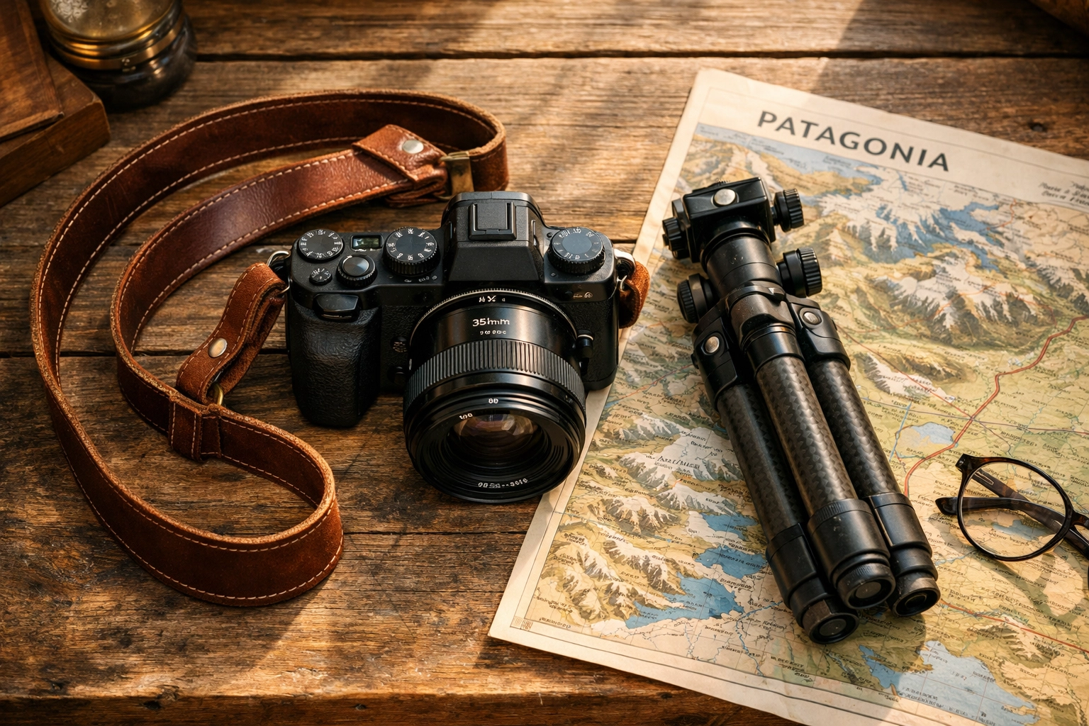 Professional travel photography gear and a mirrorless camera on a map, essential for travel photography success.