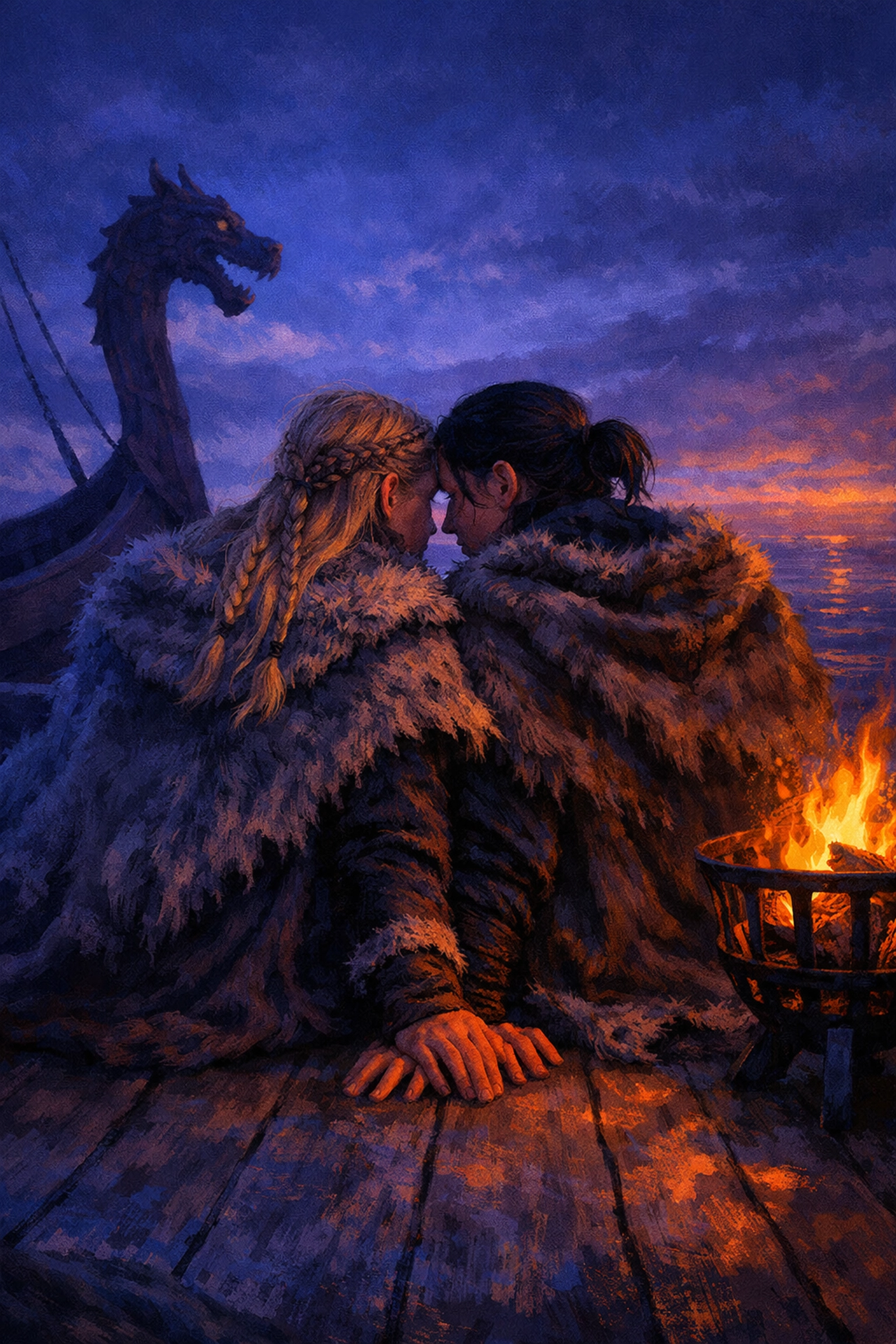 Two gay Viking warriors sharing an intimate moment on a longship at twilight on the North Sea