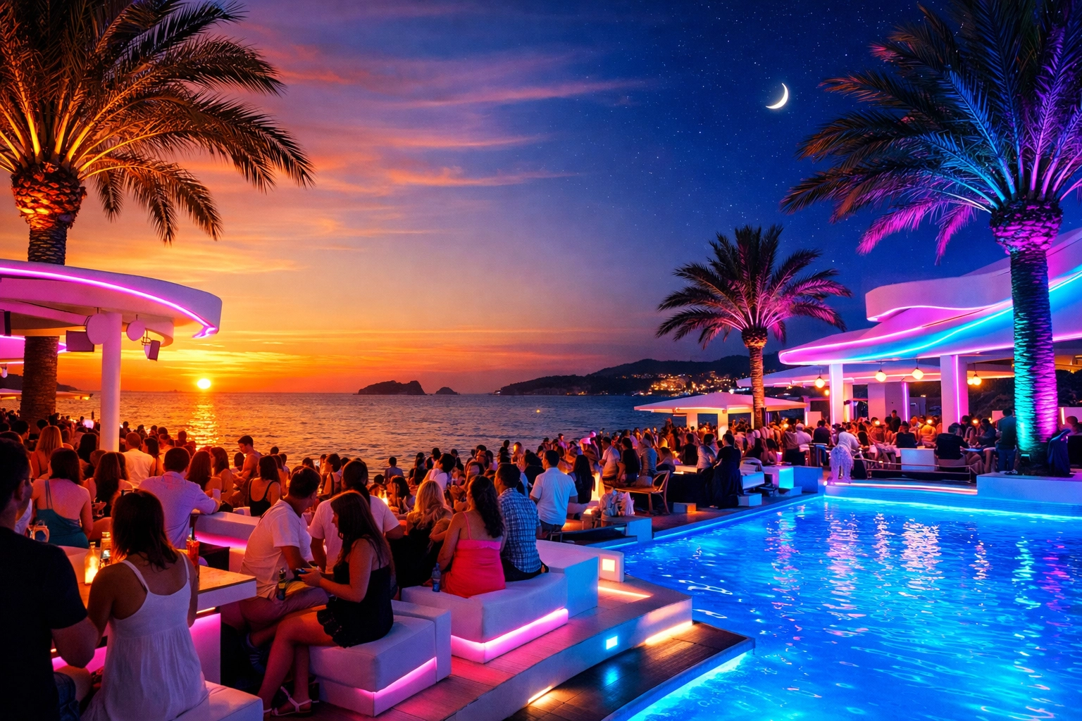 Ibiza beach club at sunset overlooking Mediterranean Sea with pool and terraces