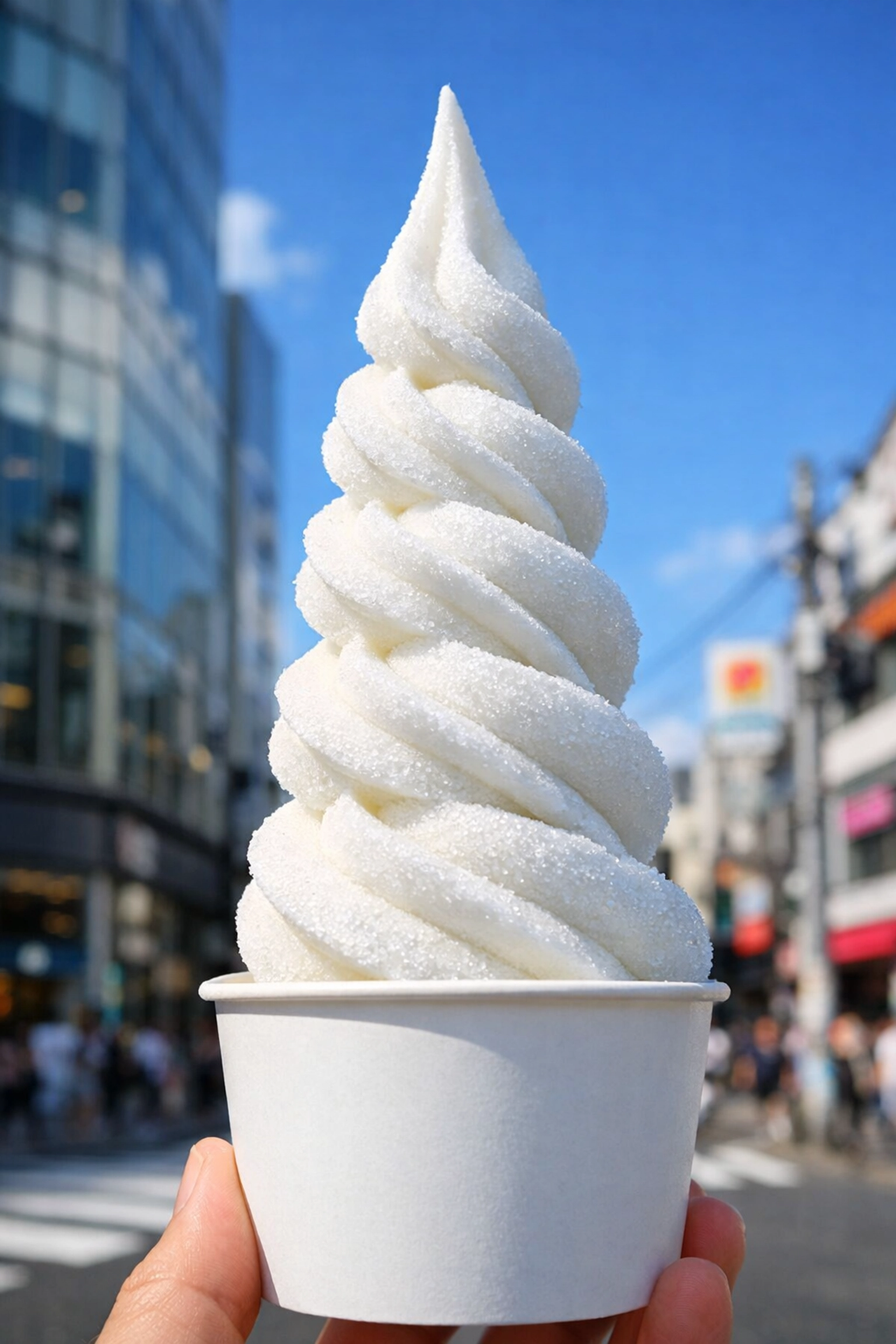 A tall swirl of Shiroichi raw ice cream, a must-try Instagrammable dessert in Tokyo.