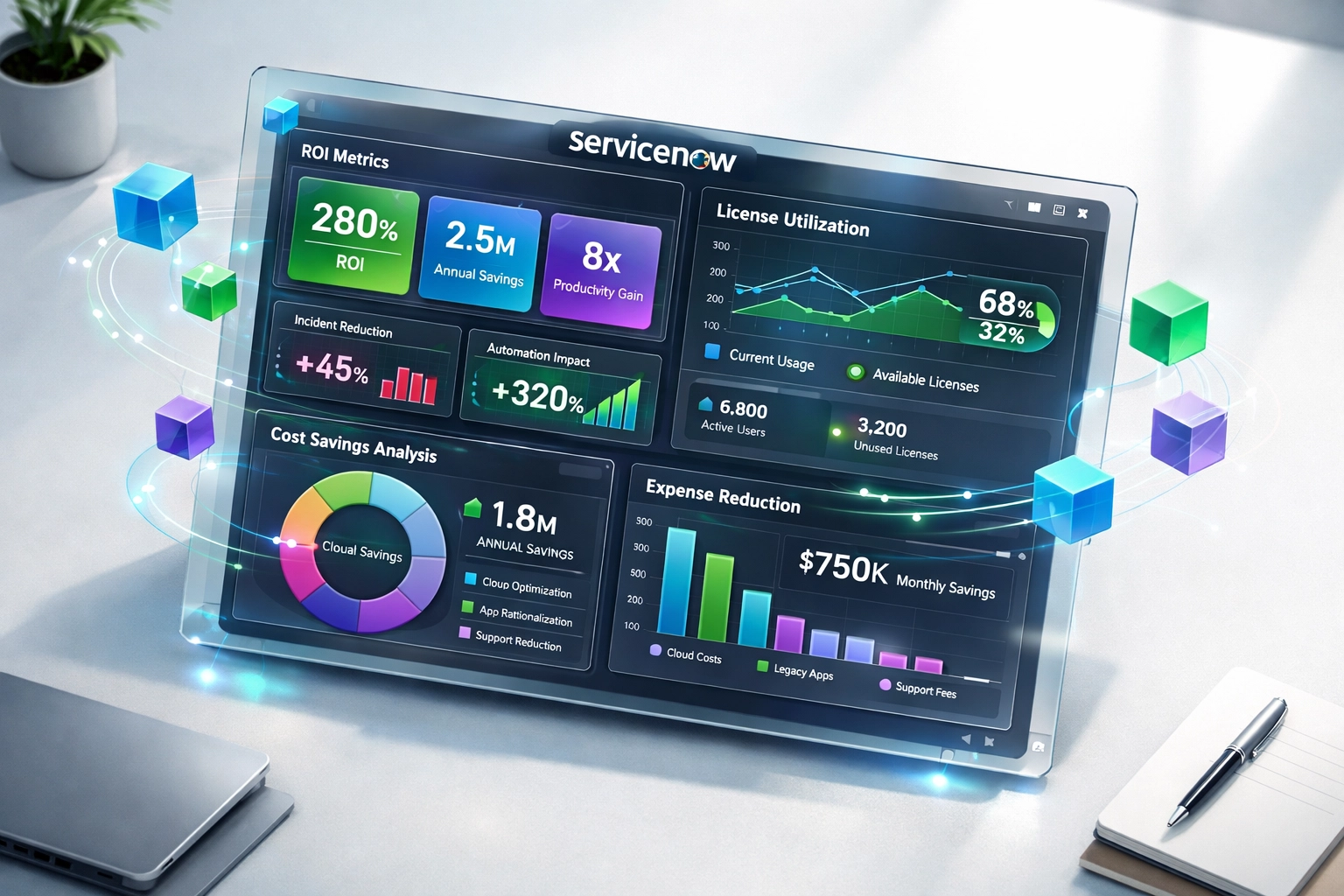ServiceNow dashboard displaying ROI metrics and ITOM license utilization analytics