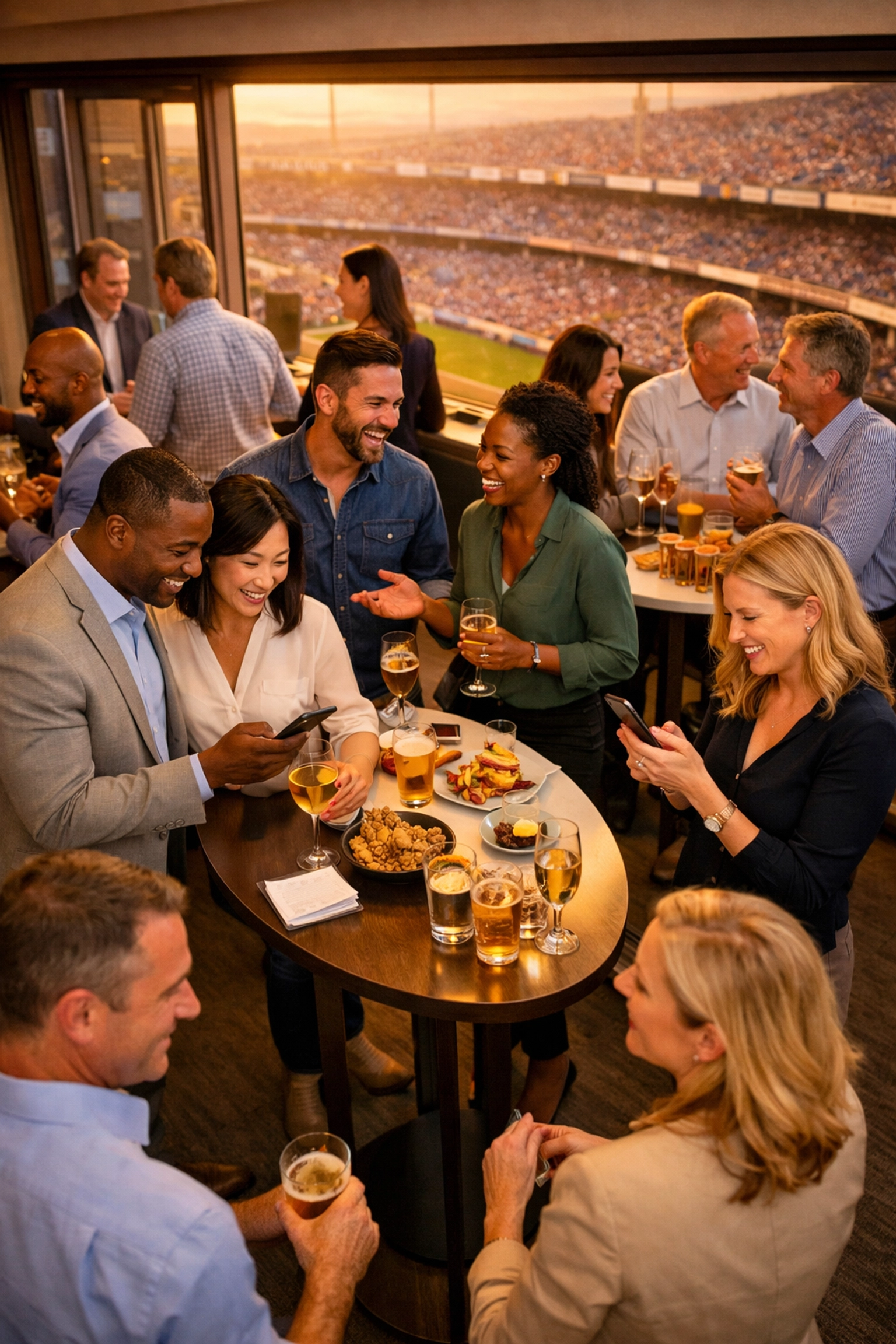 Boost Your Brand Visibility Instantly with These 5 Super Bowl Hospitality Strategies Business professionals networking at premium Super Bowl hospitality suite with refreshments