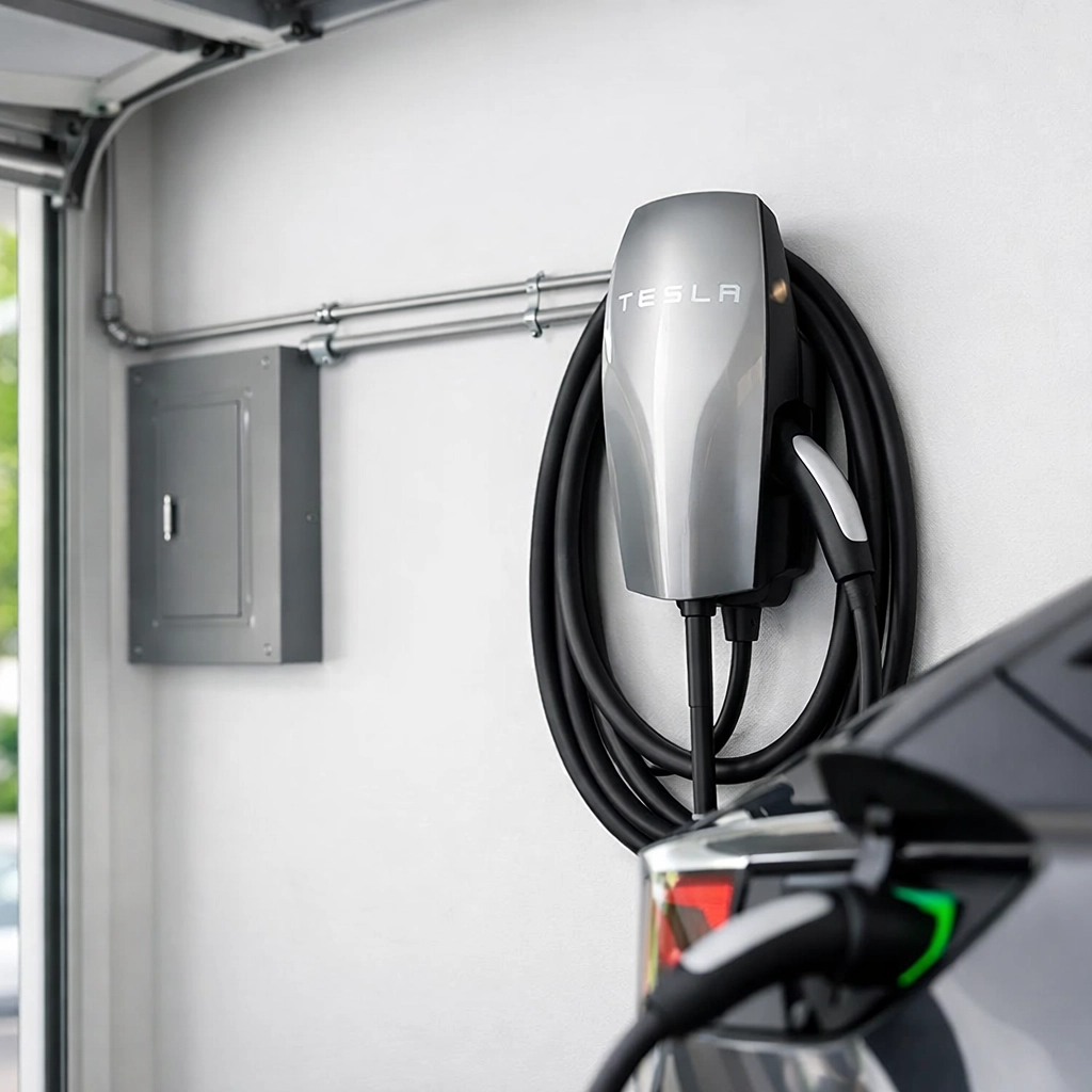 Professional Tesla Wall Connector installation in home garage with proper electrical conduit and panel