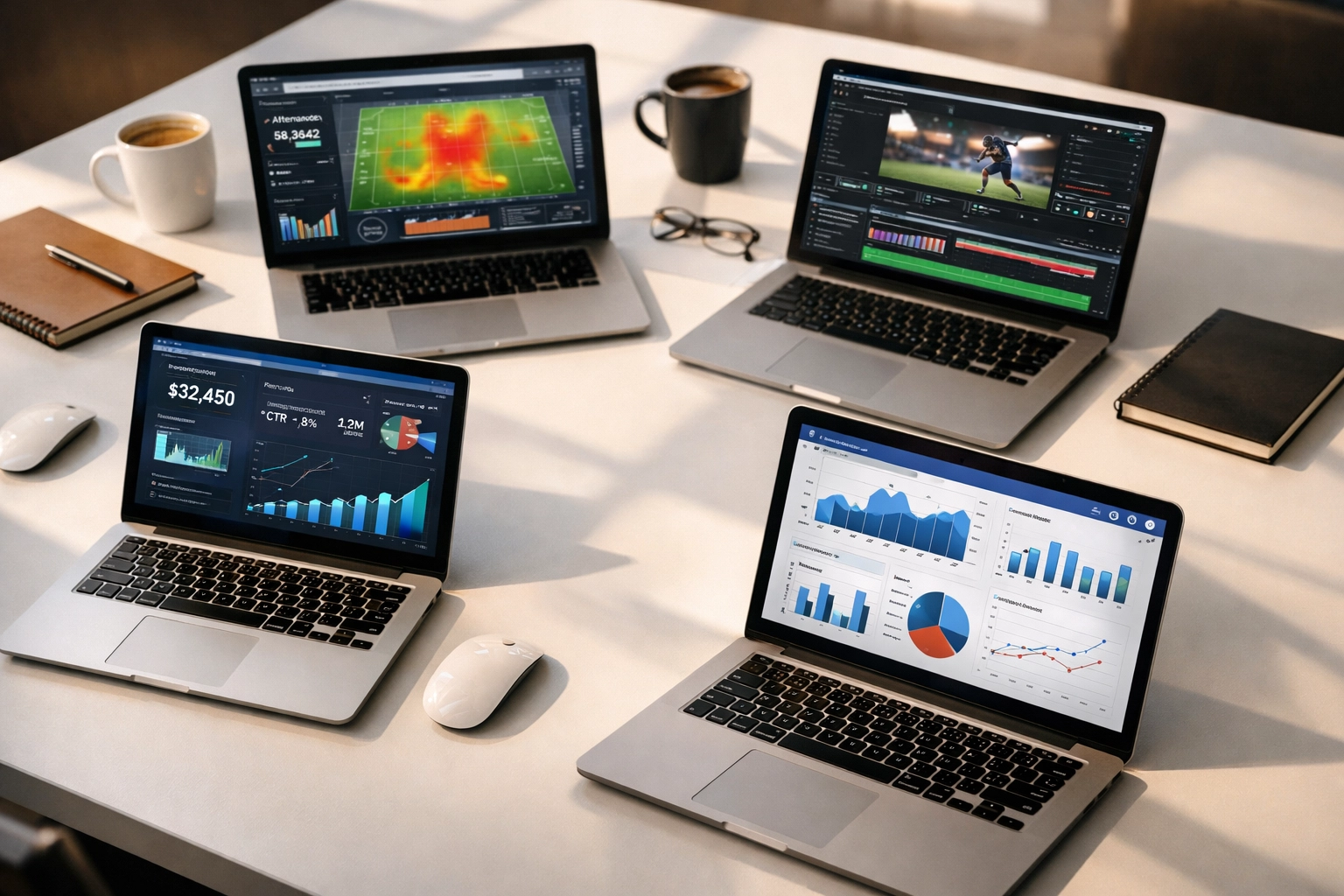 Integrated media campaign workspace showing sports analytics, video editing, and digital advertising dashboards