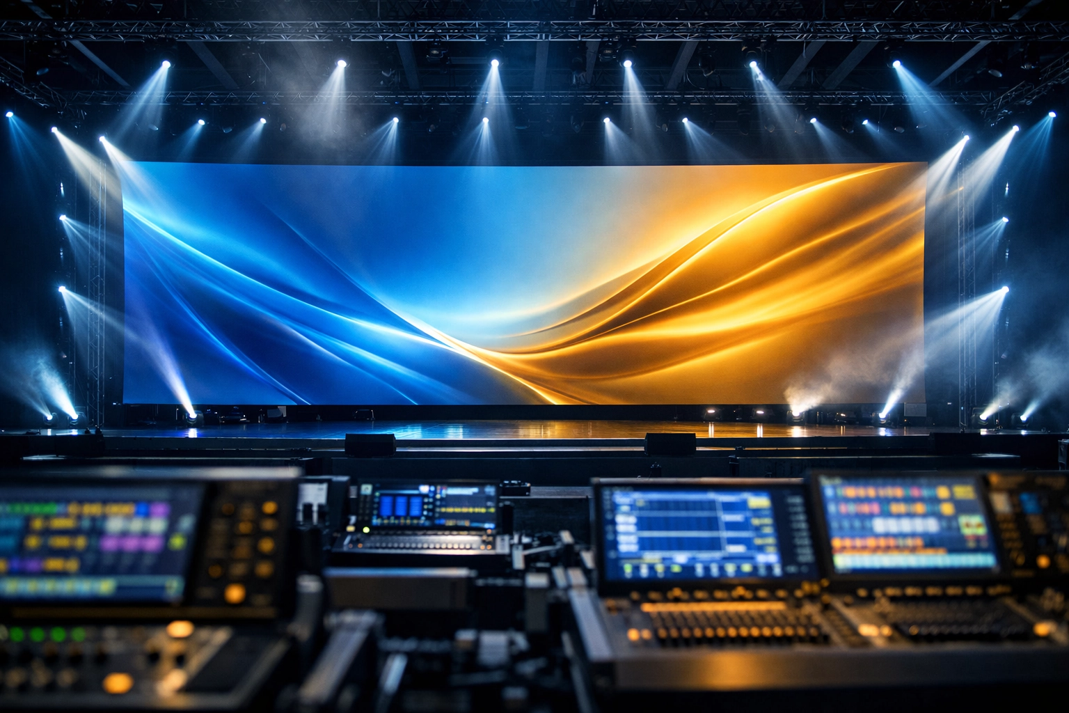 High-end corporate event stage setup with professional LED screens for global creative production.
