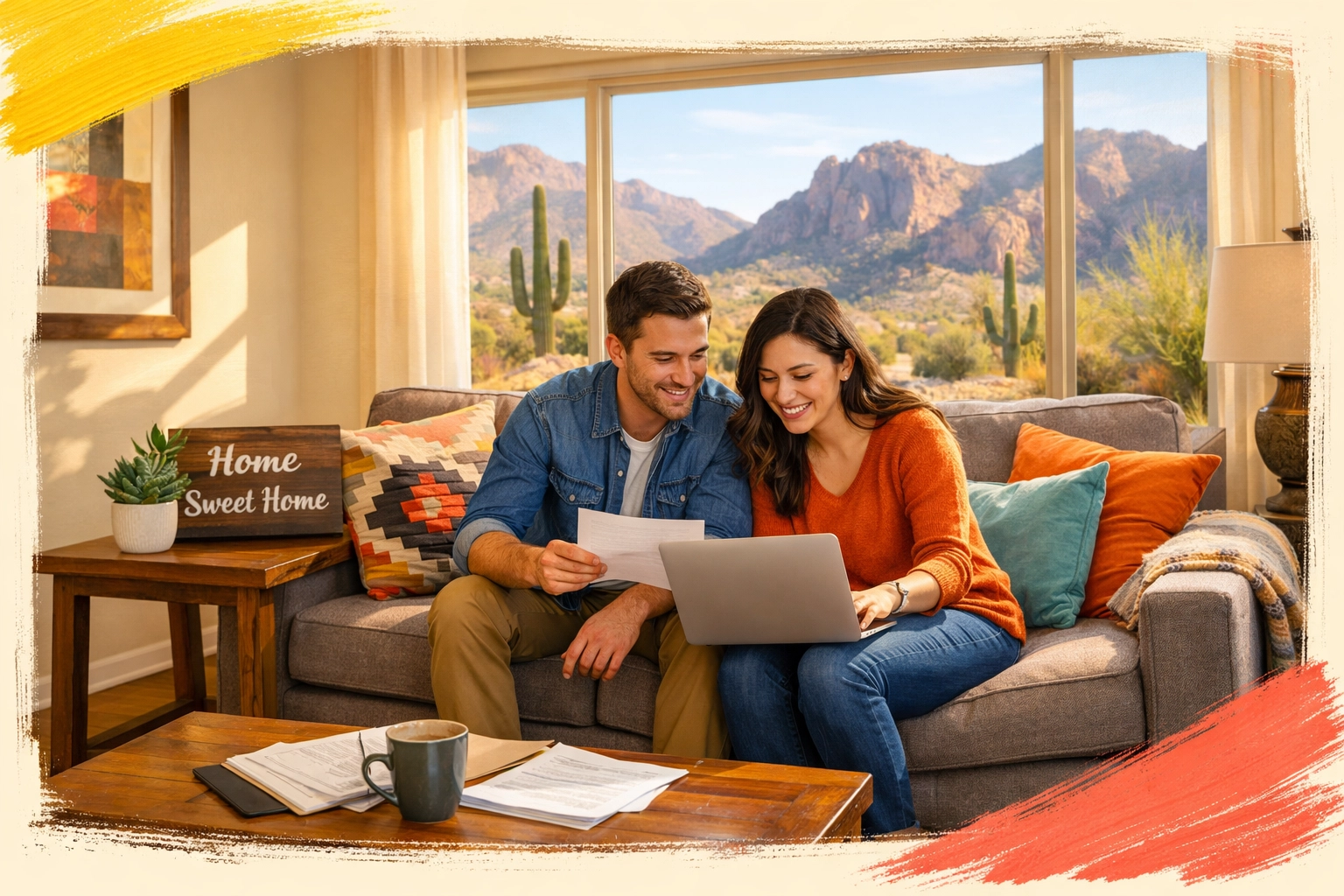 Couple reviewing home buying paperwork in Glendale AZ living room with mountain views