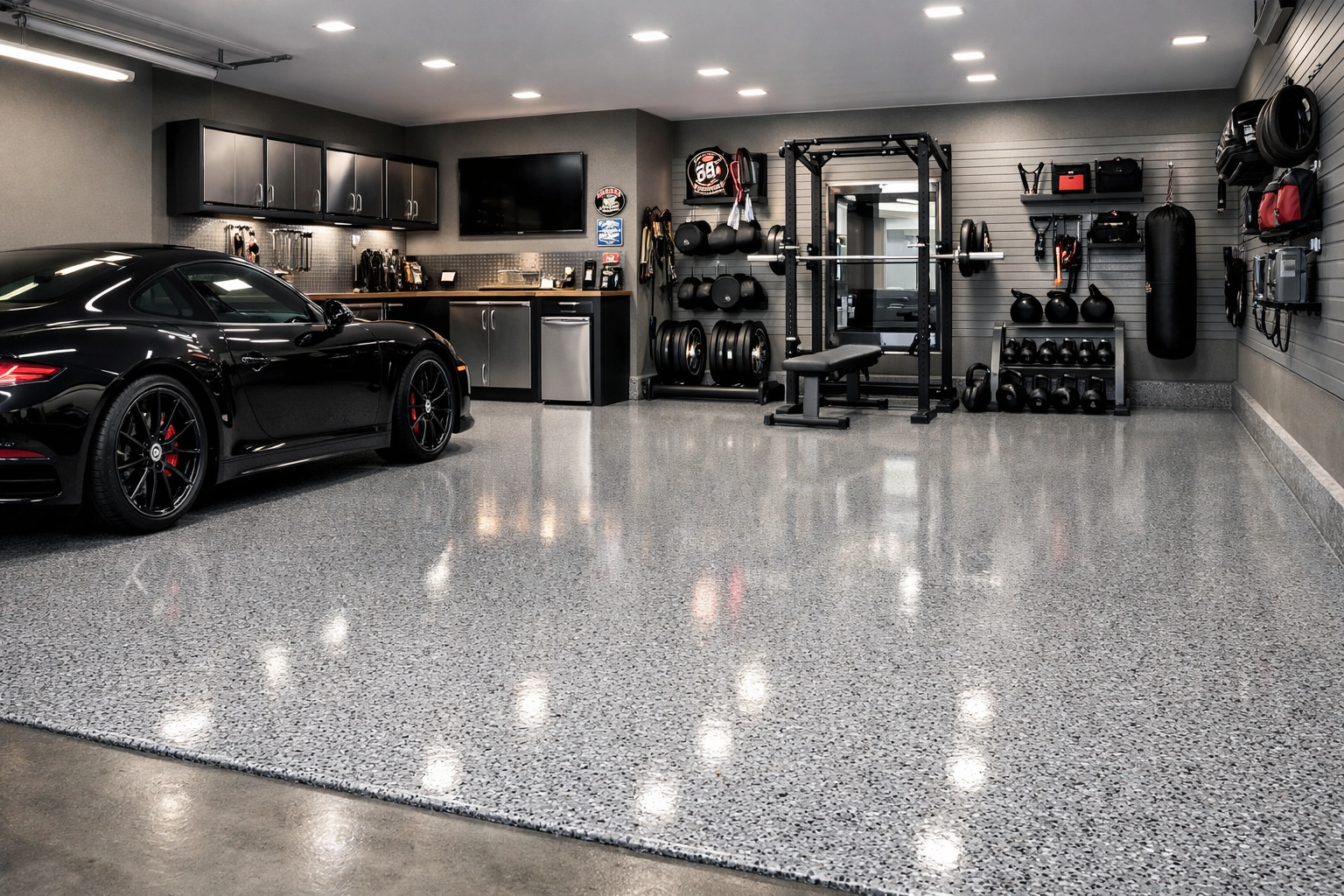Professionally installed garage epoxy floor in Madison MS increasing home value and gym functionality.