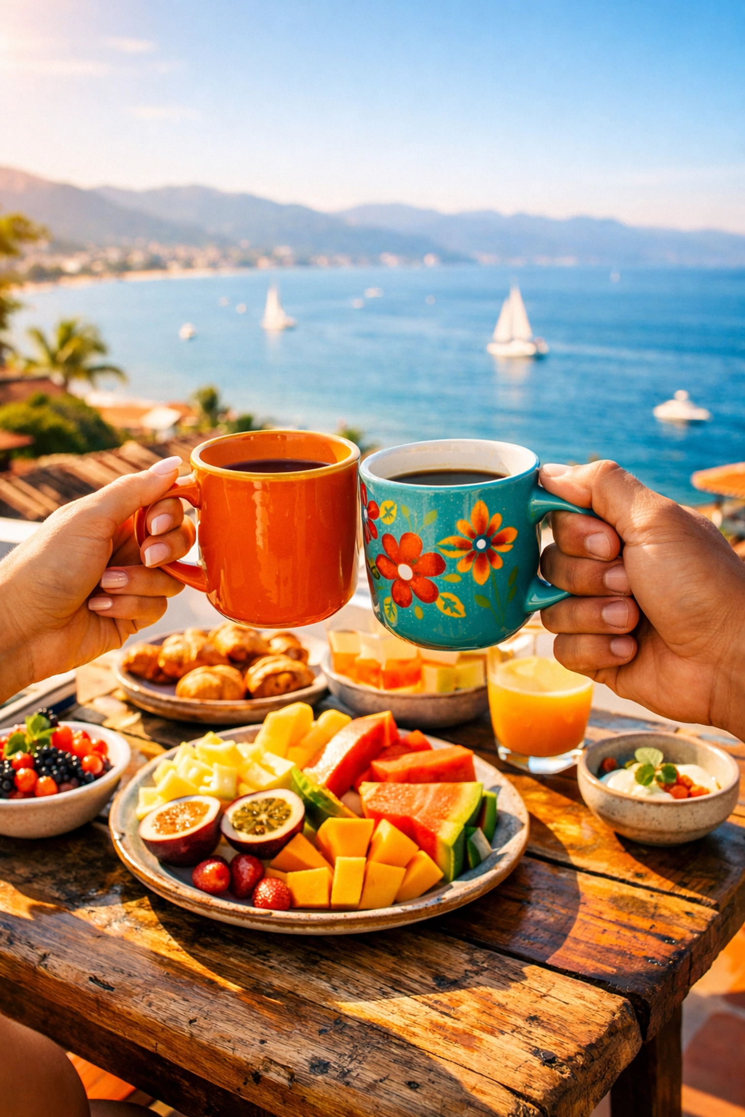 Romantic morning coffee on private terrace overlooking Puerto Vallarta bay