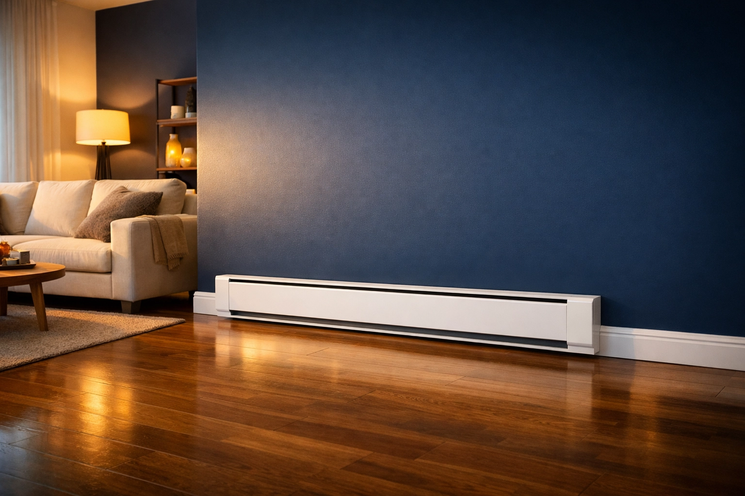 Modern white baseboard heater on a blue wall in a clean living room for better efficiency.