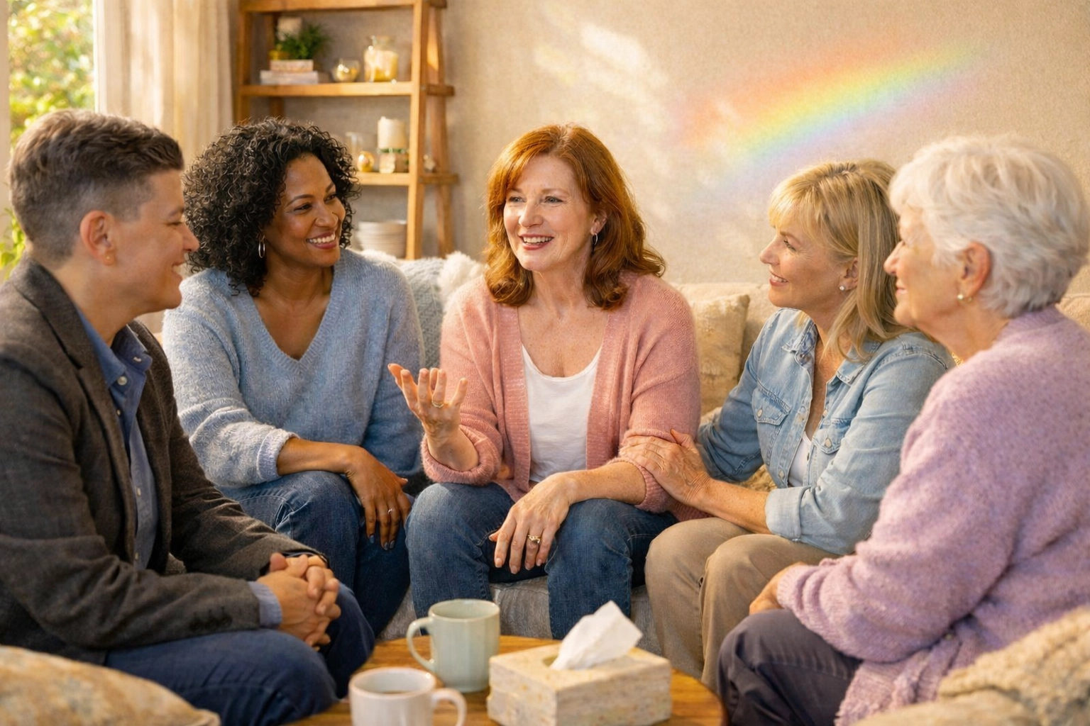A supportive late life lesbian group of women sharing stories and healing together in a cozy setting.